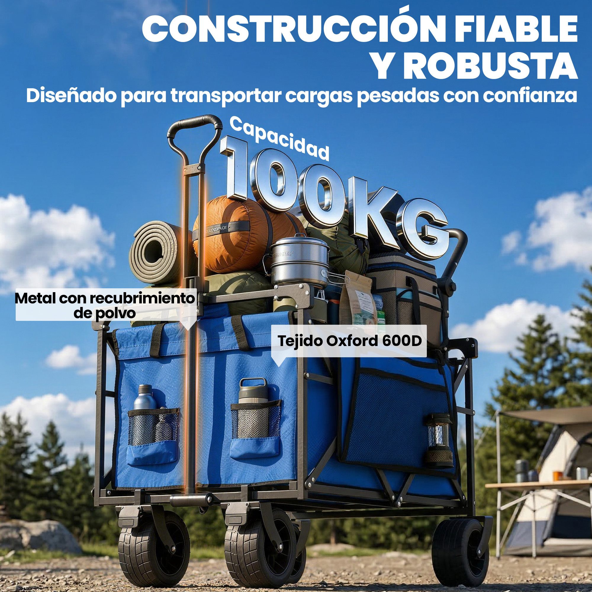 Un carro azul para exteriores con equipo de camping, capacidad 100 kg.