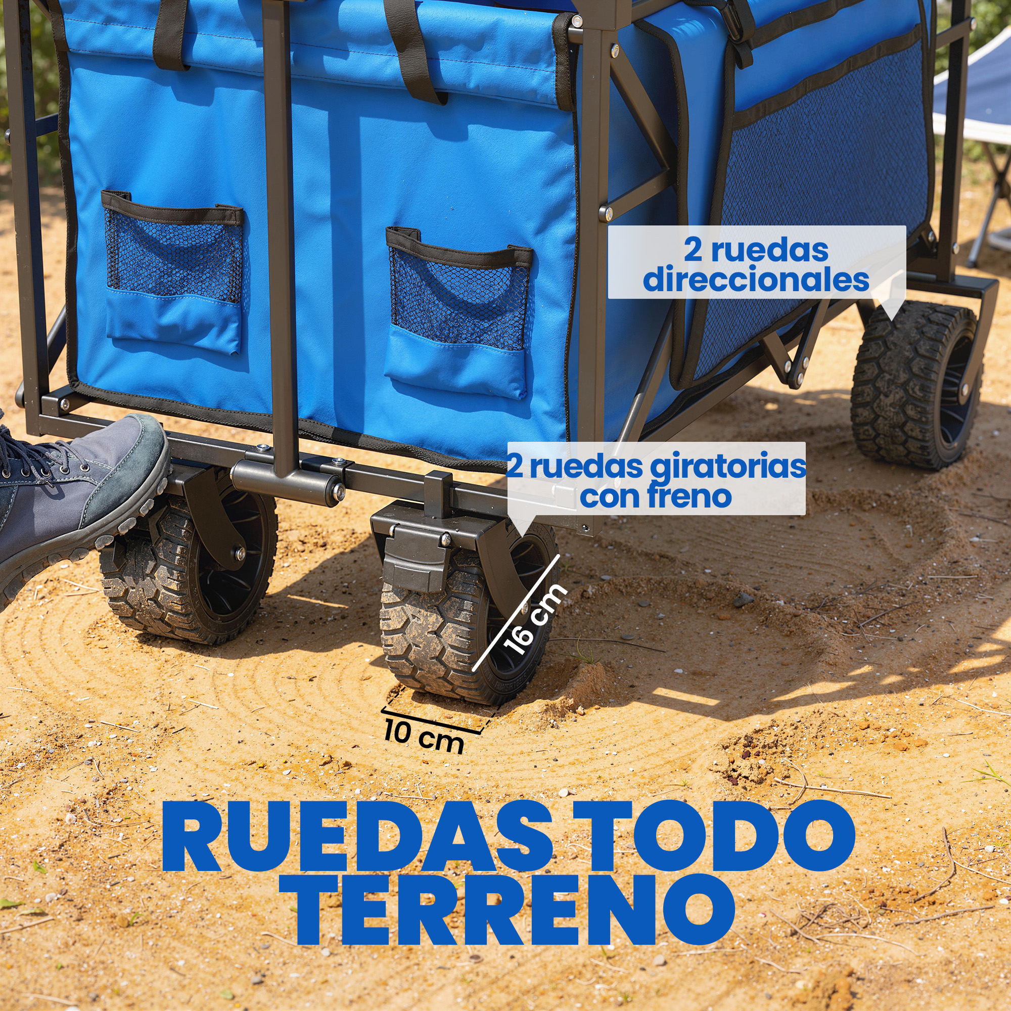 Carro azul con ruedas todoterreno, 16cm de diámetro, 10cm de ancho.