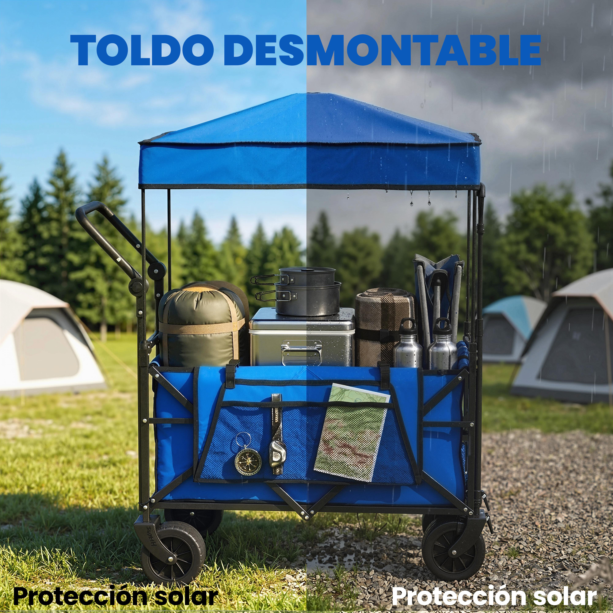 Un carrito azul con equipo de campamento bajo cielo azul y lluvia.