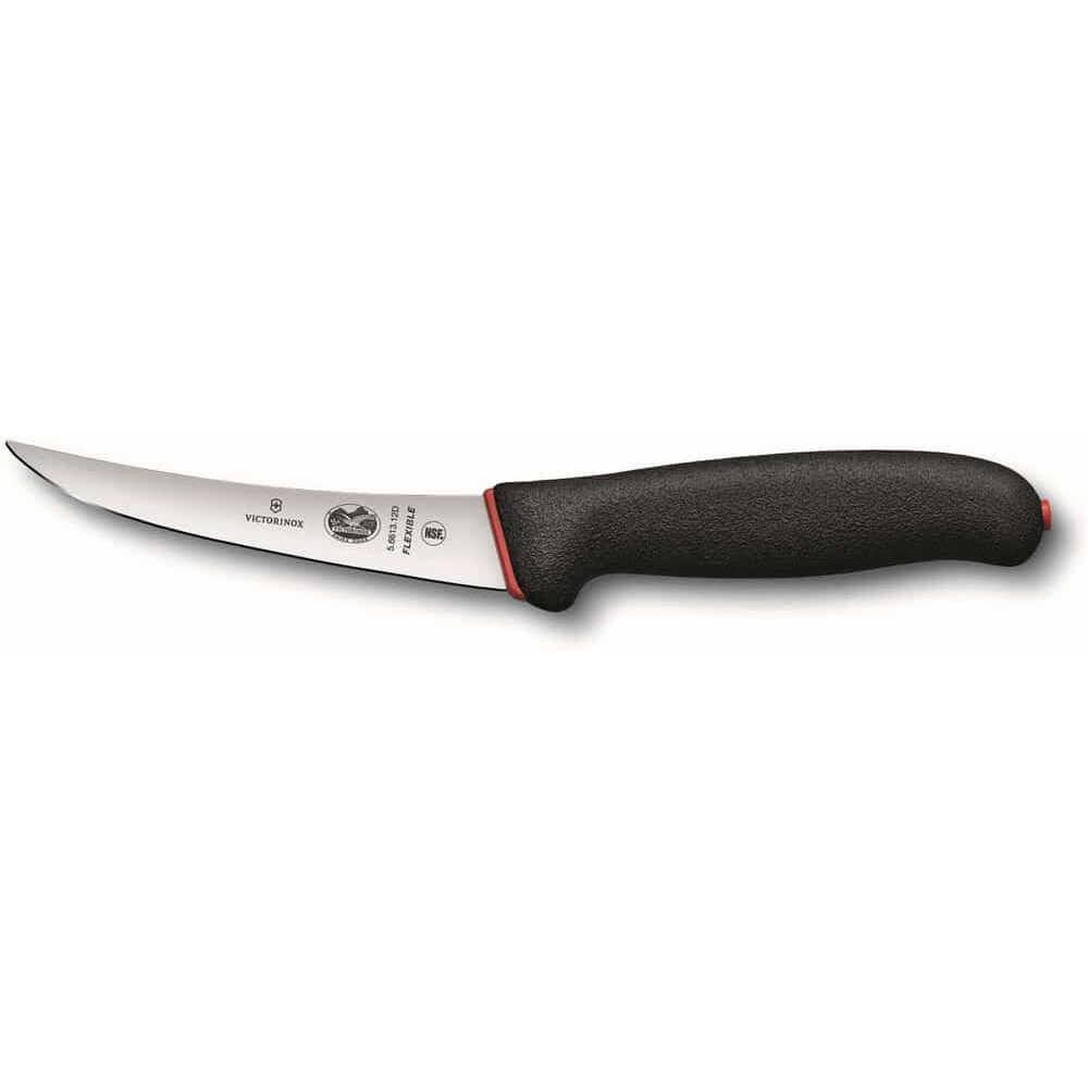 Siyah saplı, kırmızı süslemeli, gümüş bıçaklı bir Victorinox bıçağı.