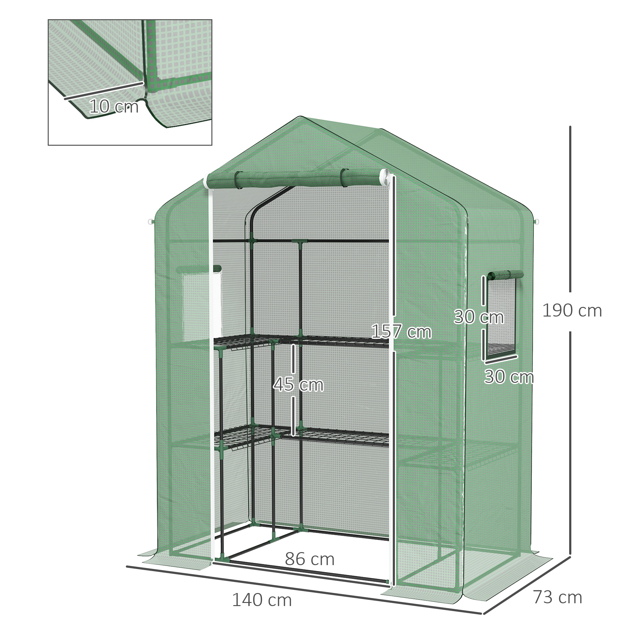 Un invernadero verde con varios estantes y dimensiones.
