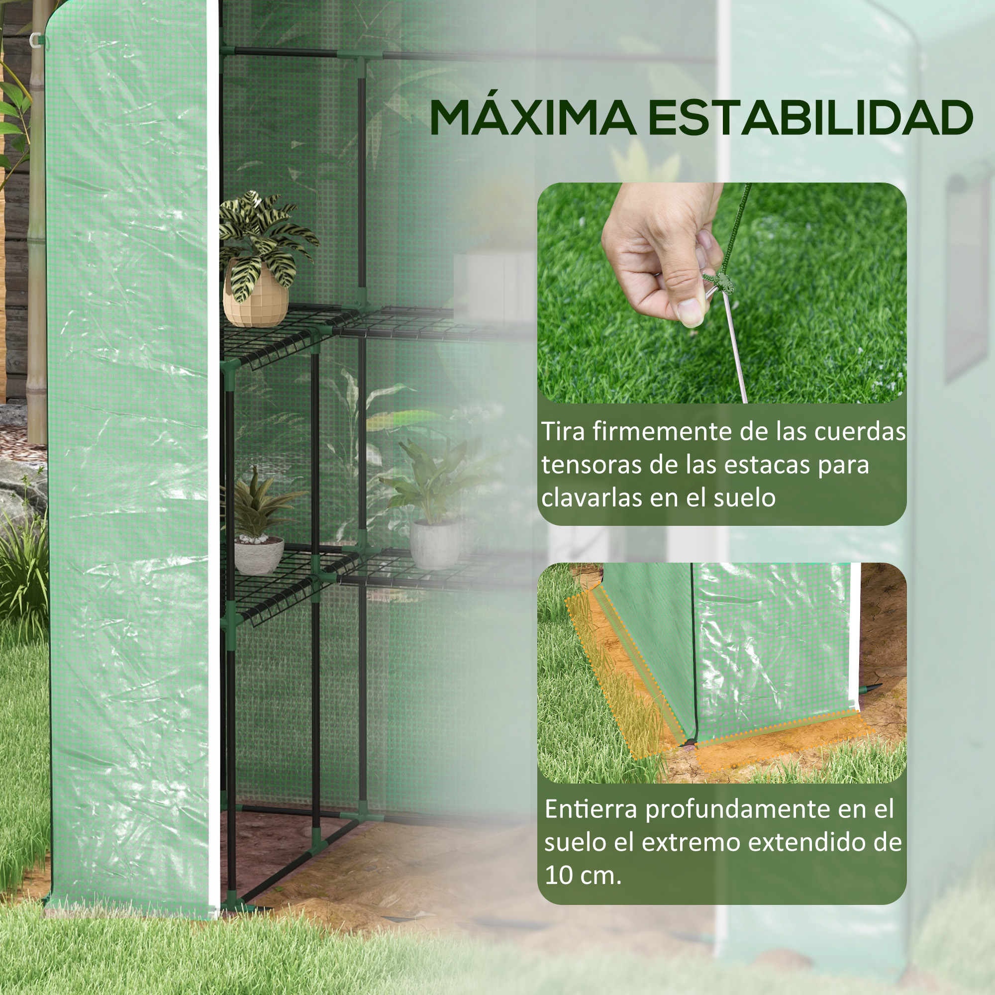 Invernadero verde con estantes y plantas, mostrando instrucciones de anclaje.