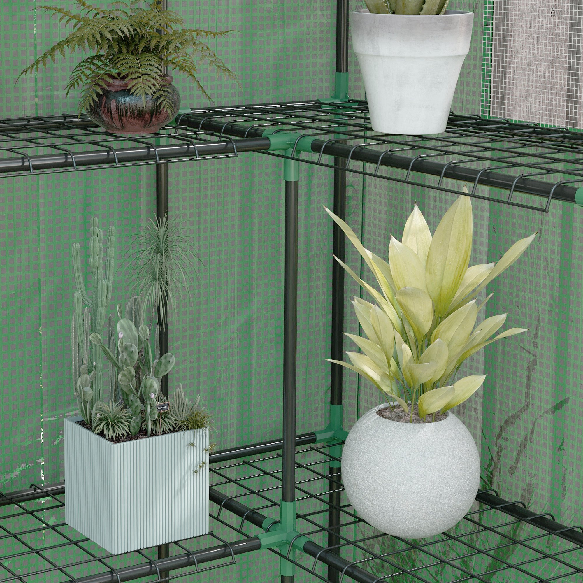 Plantas en estantes en un invernadero verde.