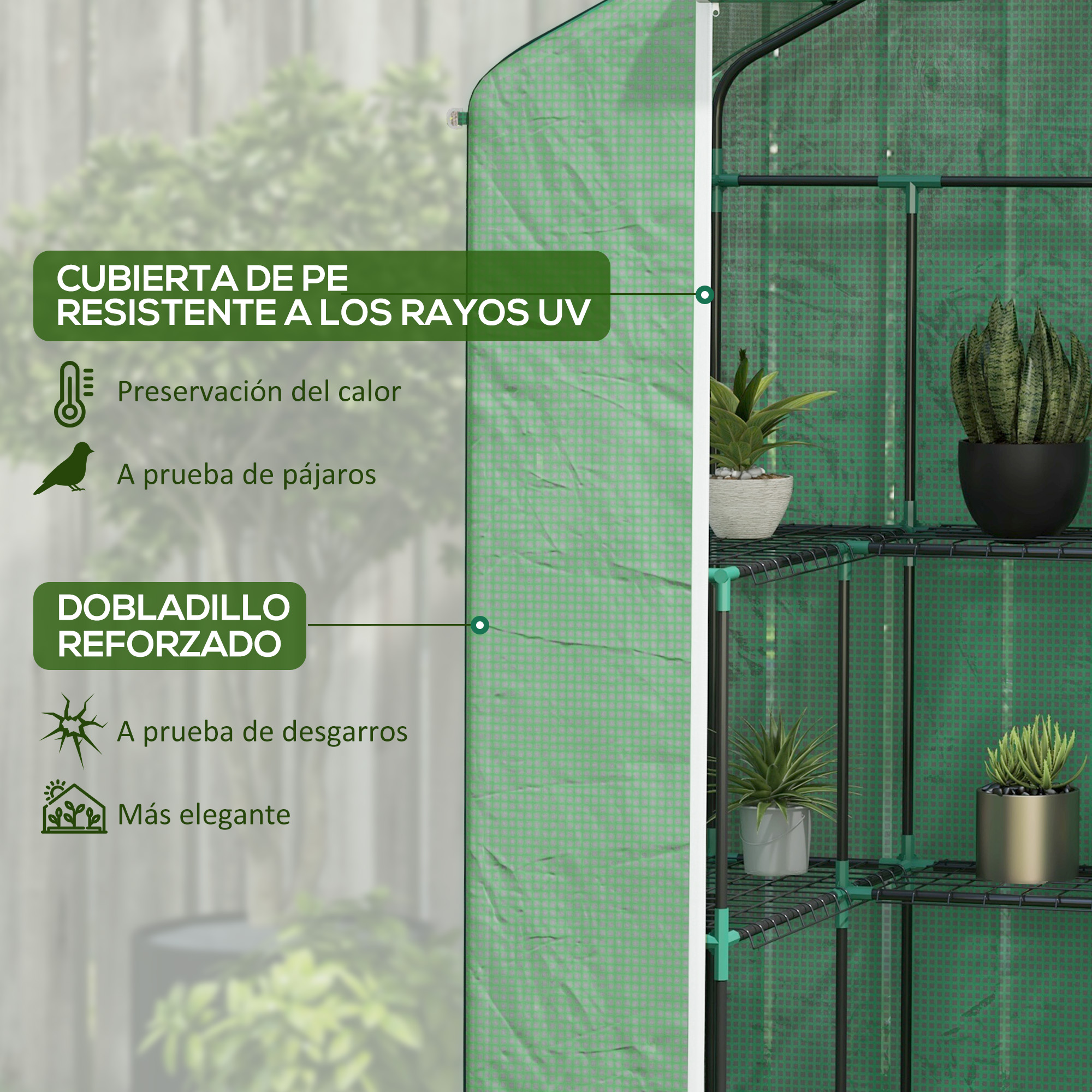 Invernadero verde con estantes para plantas y macetas. El texto indica protección UV, retención de calor y resistencia al desgarro.