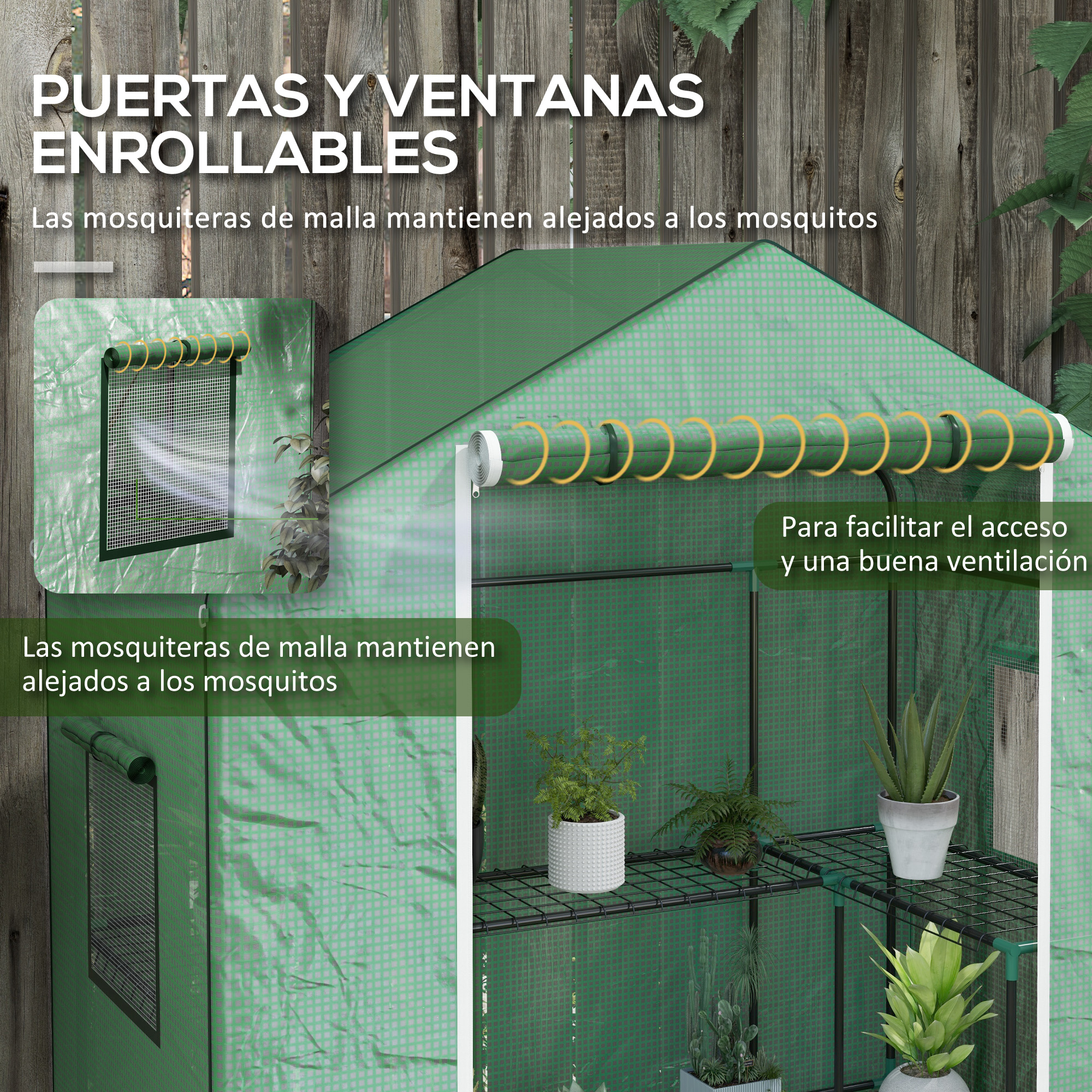 Invernadero verde con puertas y ventanas enrollables con mosquiteras.
