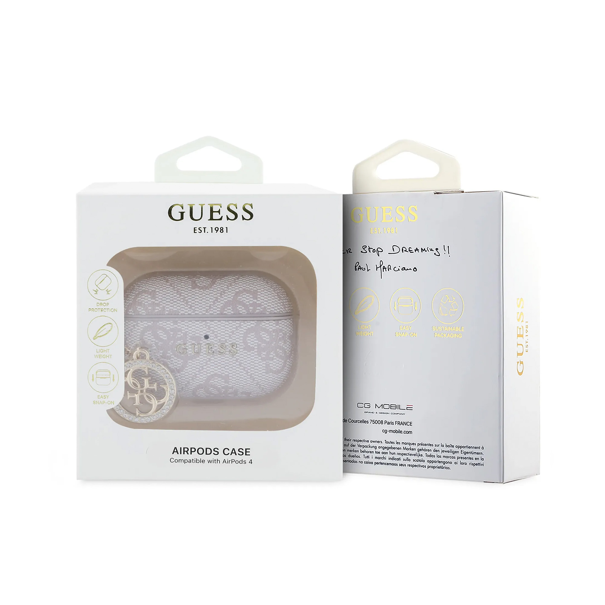 Funda Guess AirPods con charm "G" en embalaje blanco.