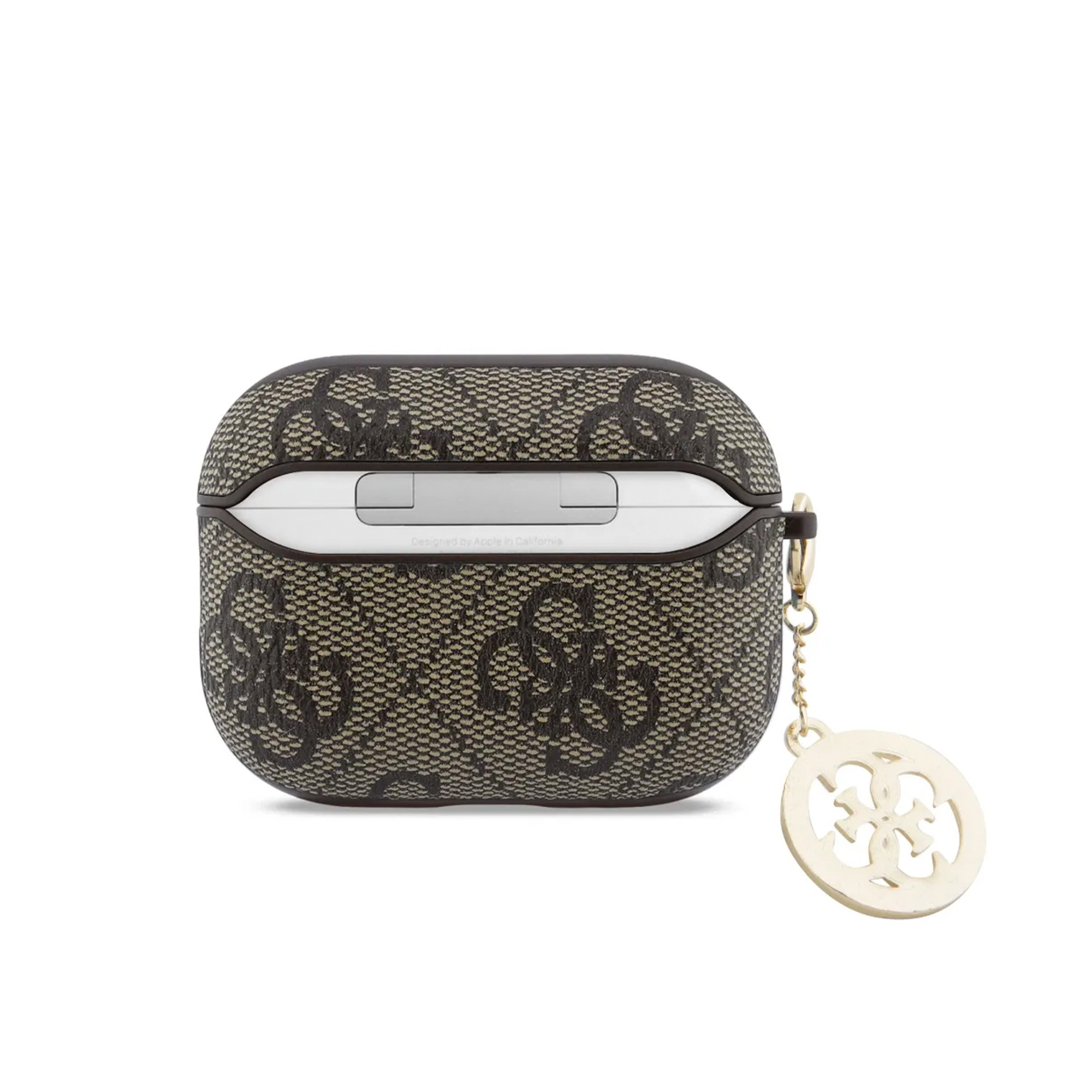 Funda marrón con estampado de logo GUESS y charm dorado.