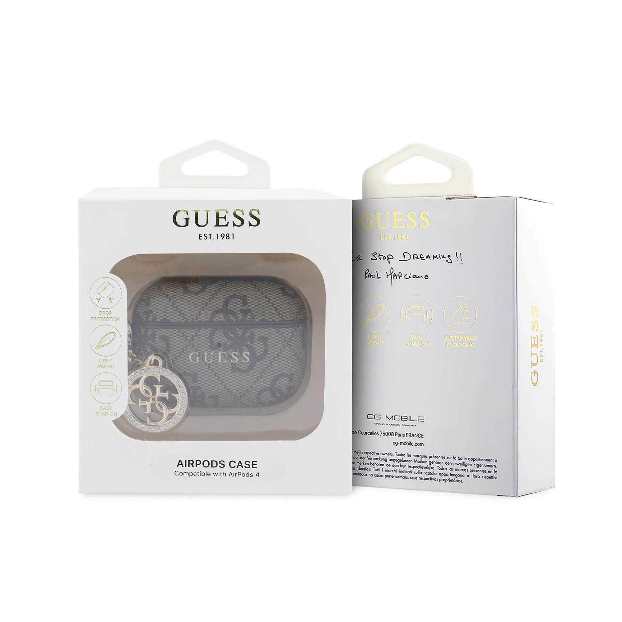 Funda Guess para AirPods con estampado de logo y dije. Empaque muestra detalles.