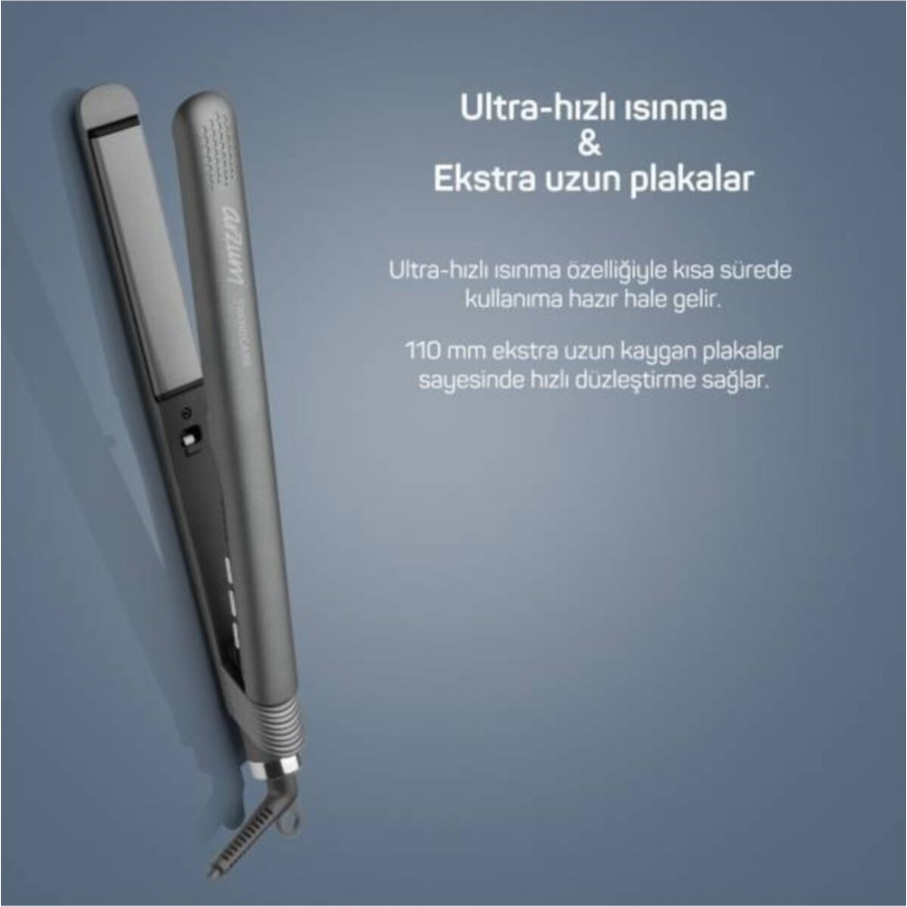 Uzun plakalı gri saç düzleştirici, hızlı ısınıyor.