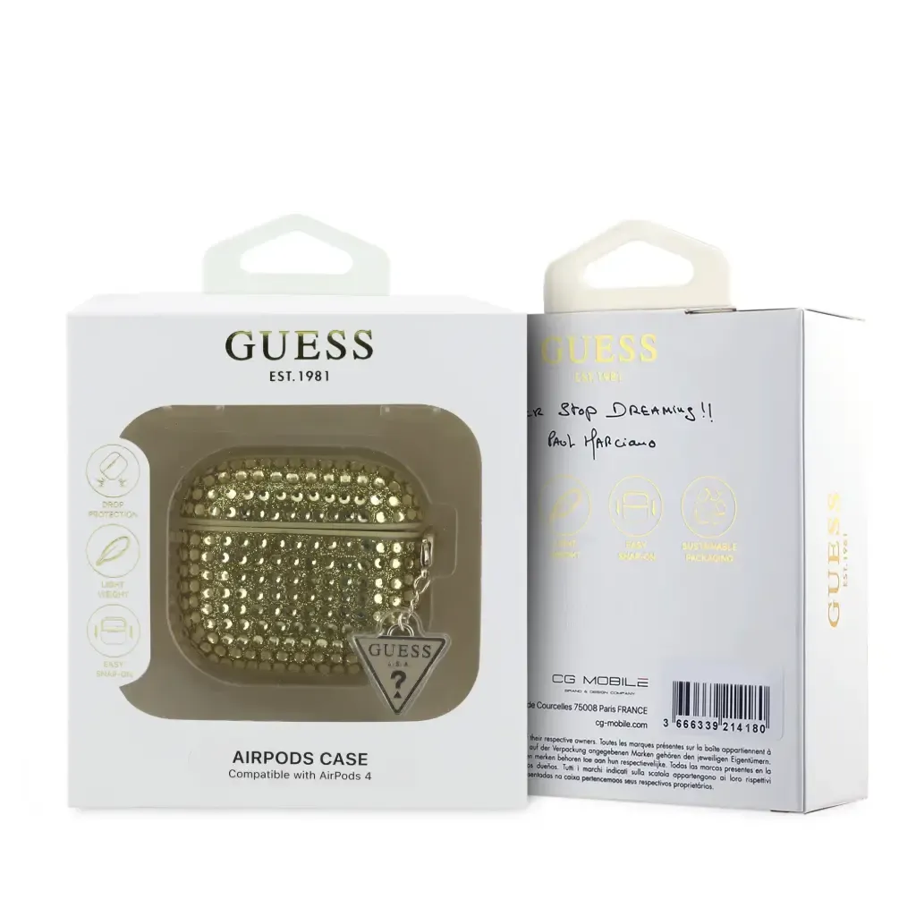 Funda Guess AirPods con purpurina, frontal y lateral del paquete.