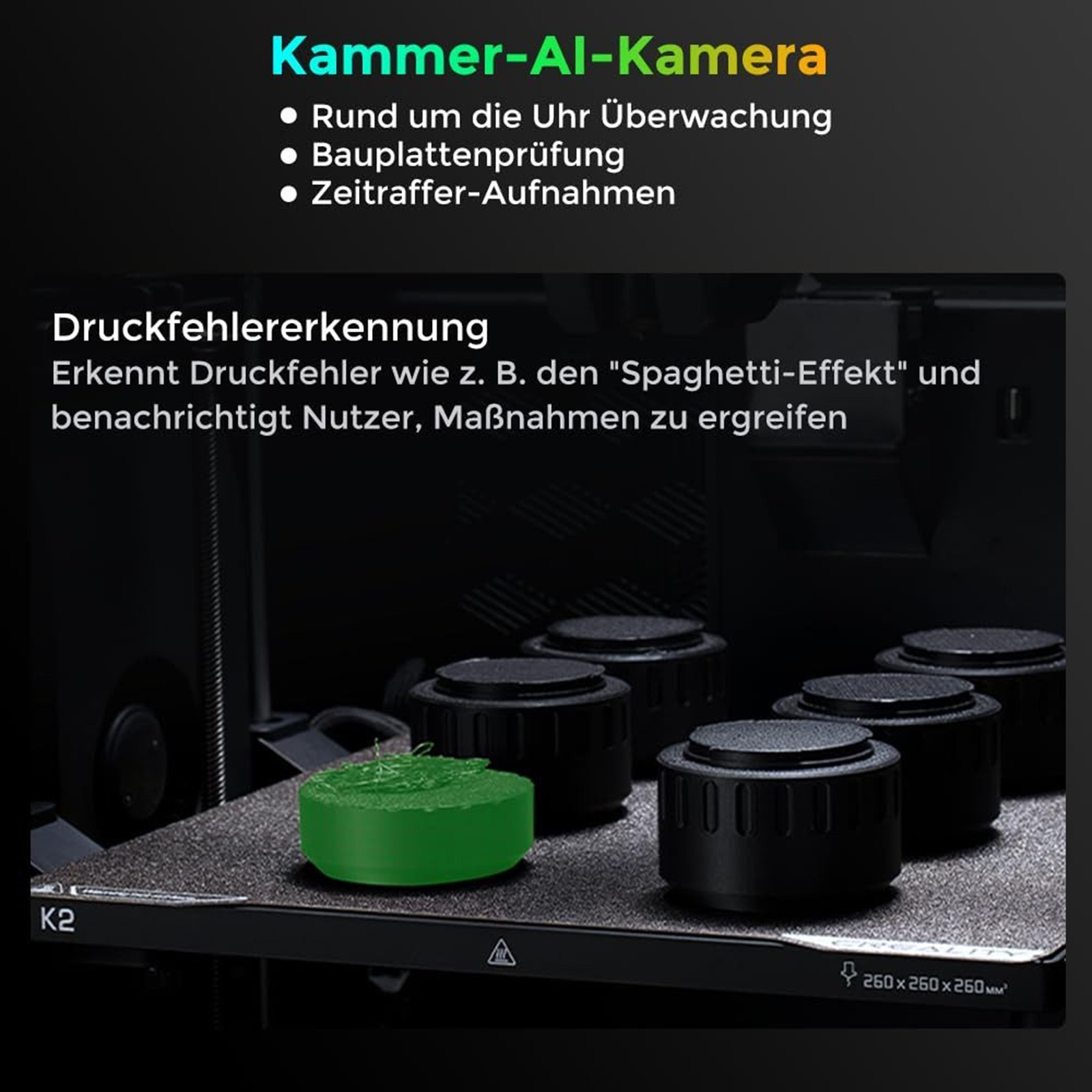 Una impresión 3D verde sobre una cama caliente con bobinas negras al fondo.