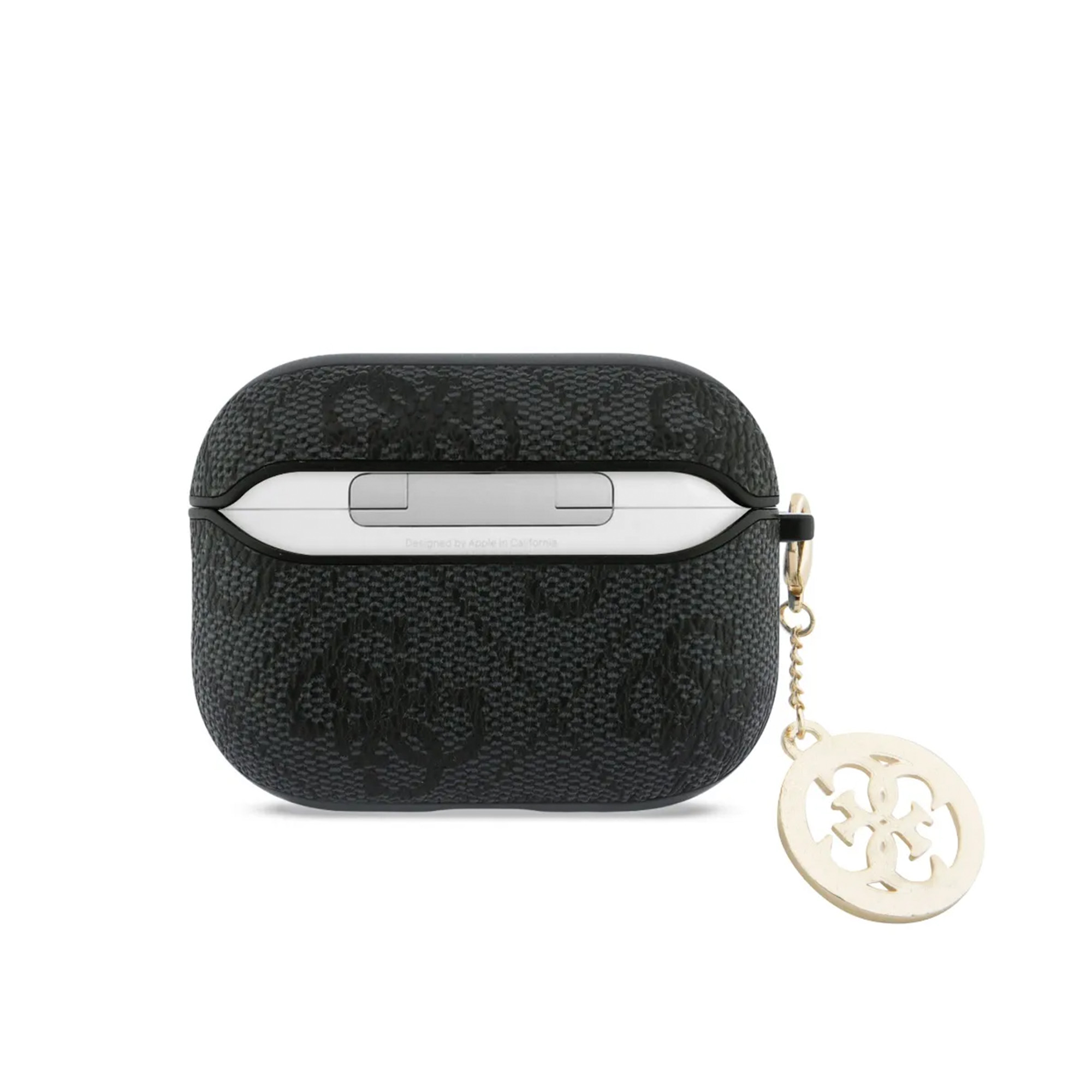 Funda negra con estampado de logo Guess, con un dije dorado.