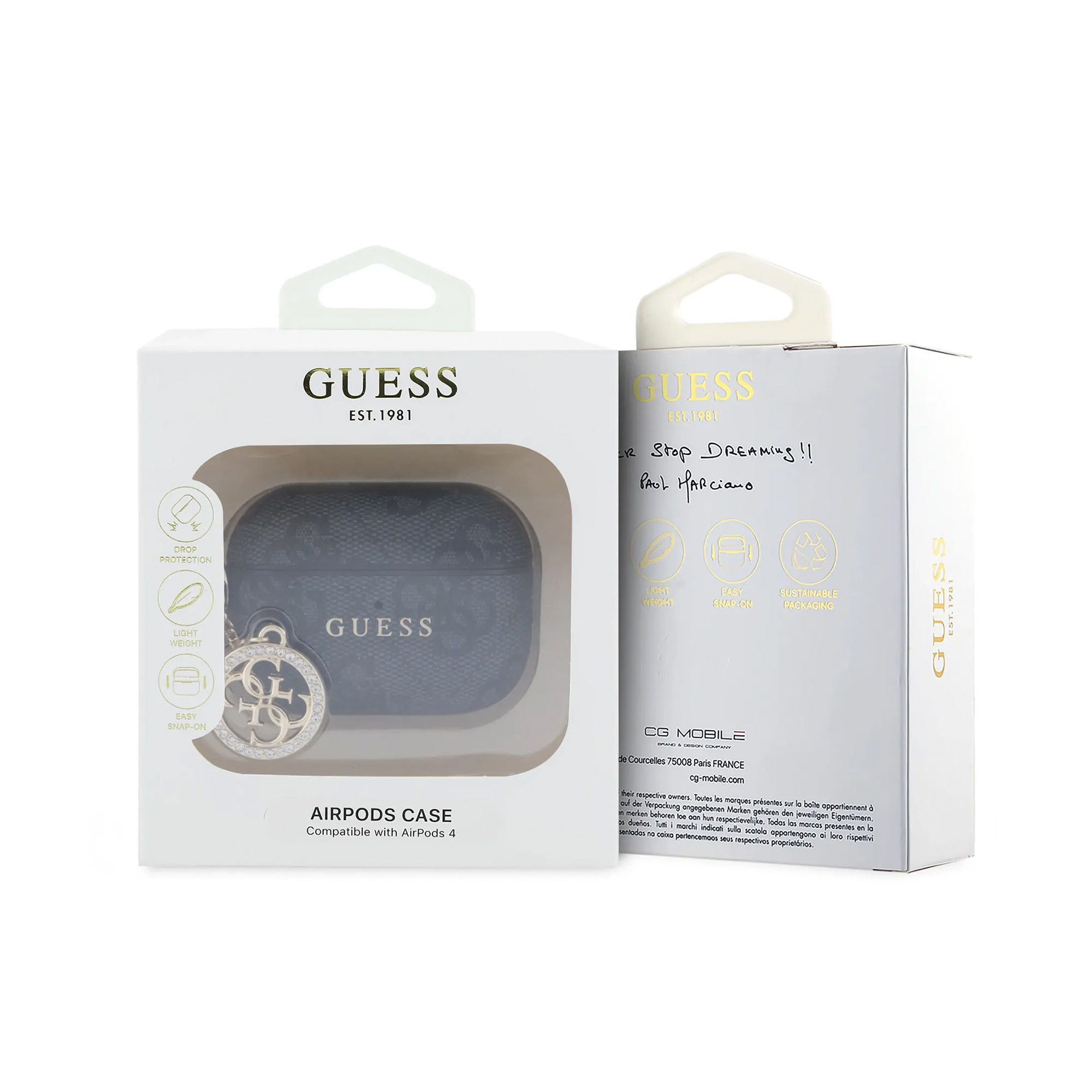 Funda Guess AirPods con charm brillante y logo en una caja.