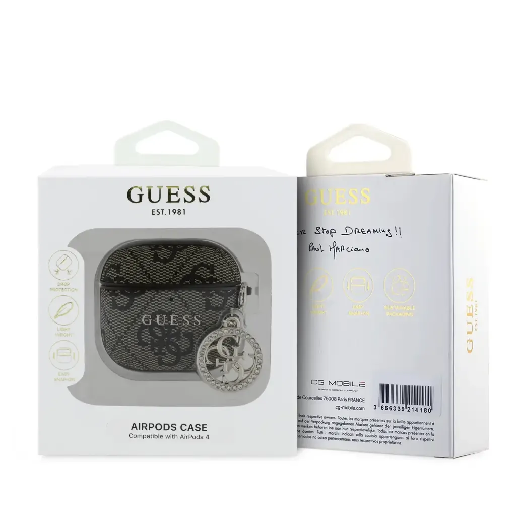 Una funda GUESS para AirPods con estampado de monograma y un charm brillante.