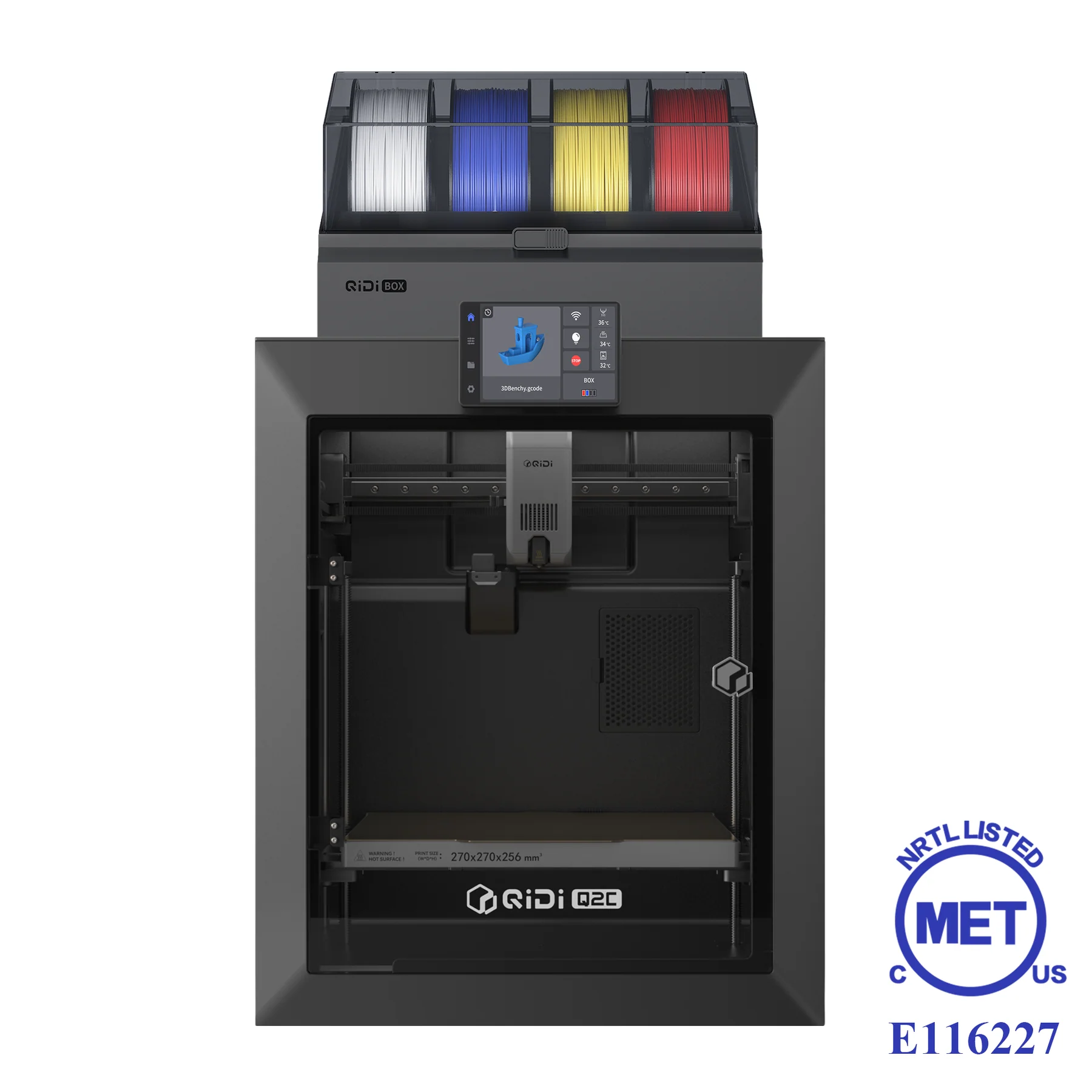 Dört filament makarası bulunan siyah 3D yazıcı: beyaz, mavi, sarı, kırmızı.