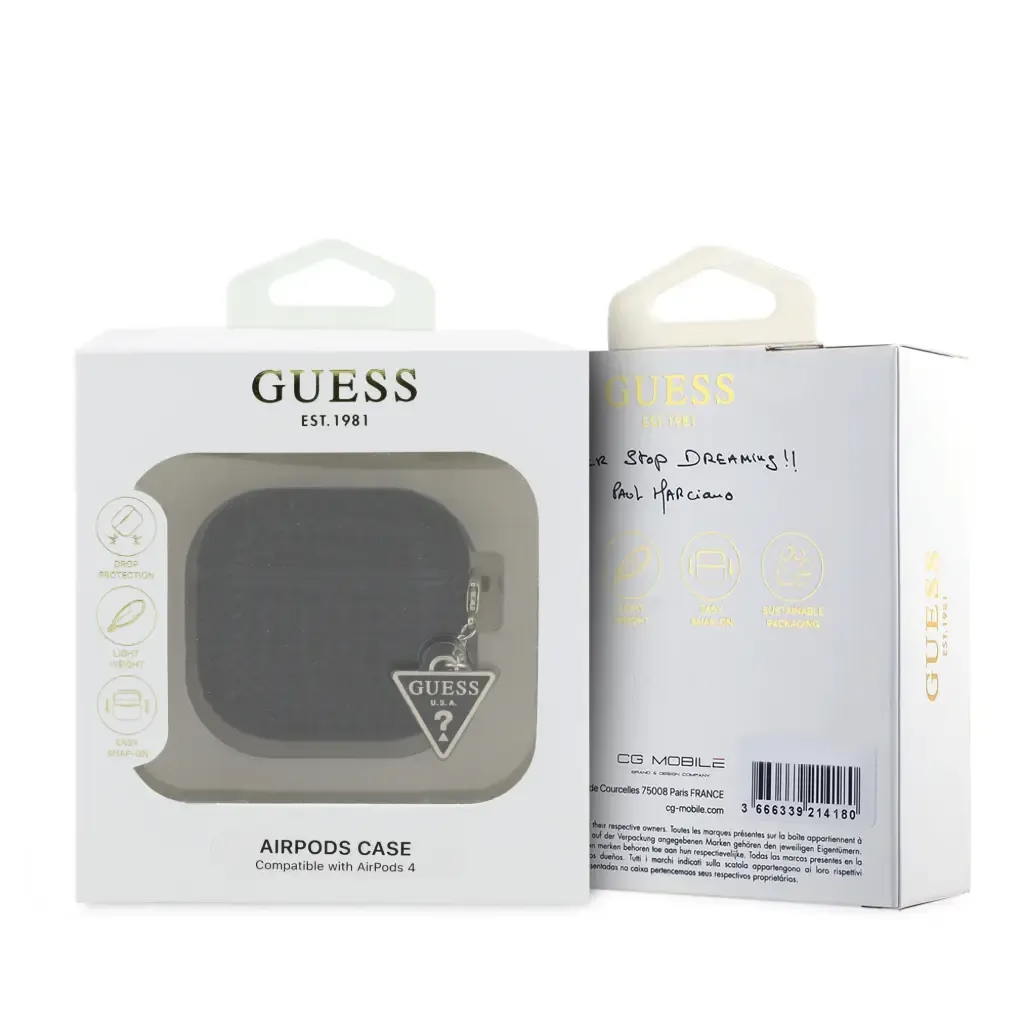 Funda GUESS AirPods con llavero, sobre fondo blanco.