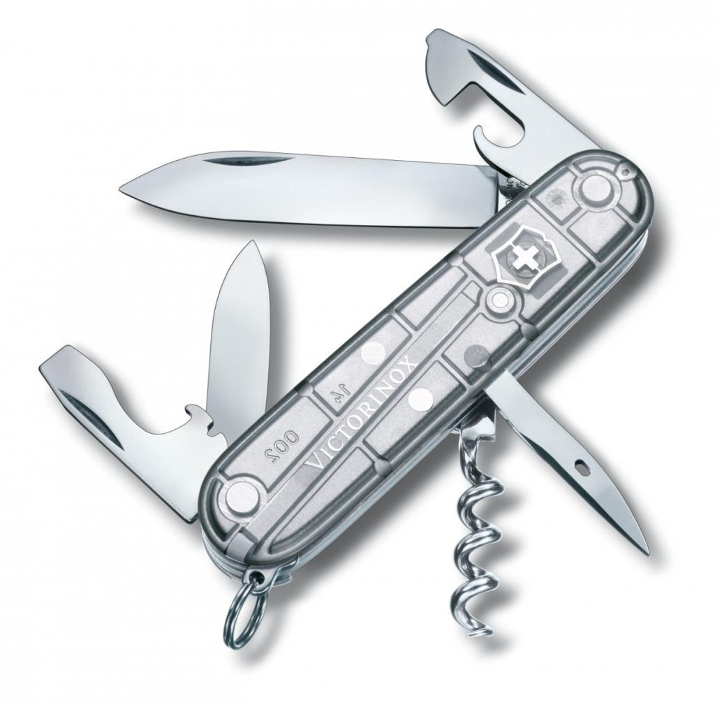 Gümüş Victorinox çok amaçlı çakı, açık bıçağı, konserve açacağı, tirbüşon ve tornavidası ile.