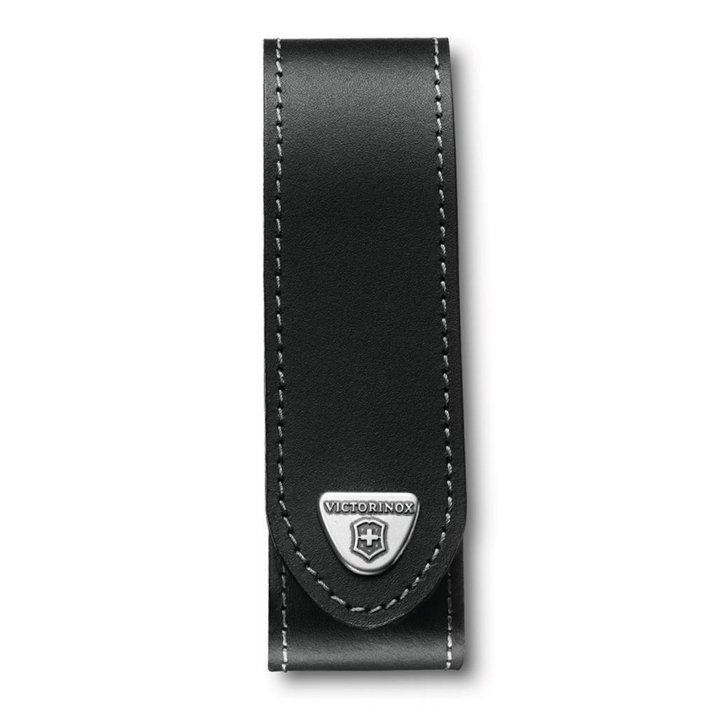 Beyaz dikişli ve Victorinox logolu siyah deri kılıf.