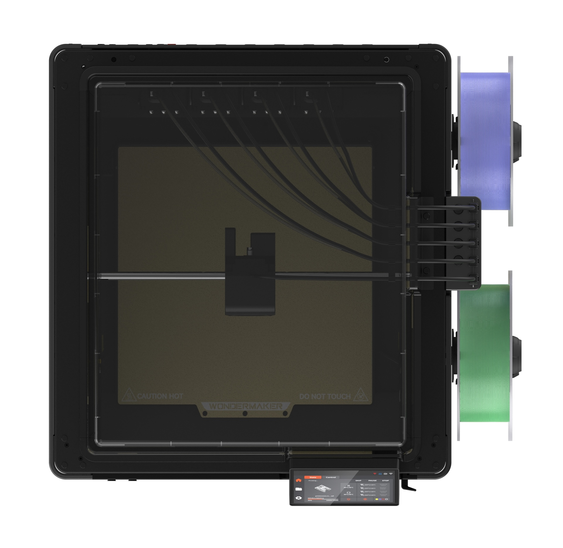 Stampante 3D con filamento blu e verde, display touchscreen e involucro aperto.