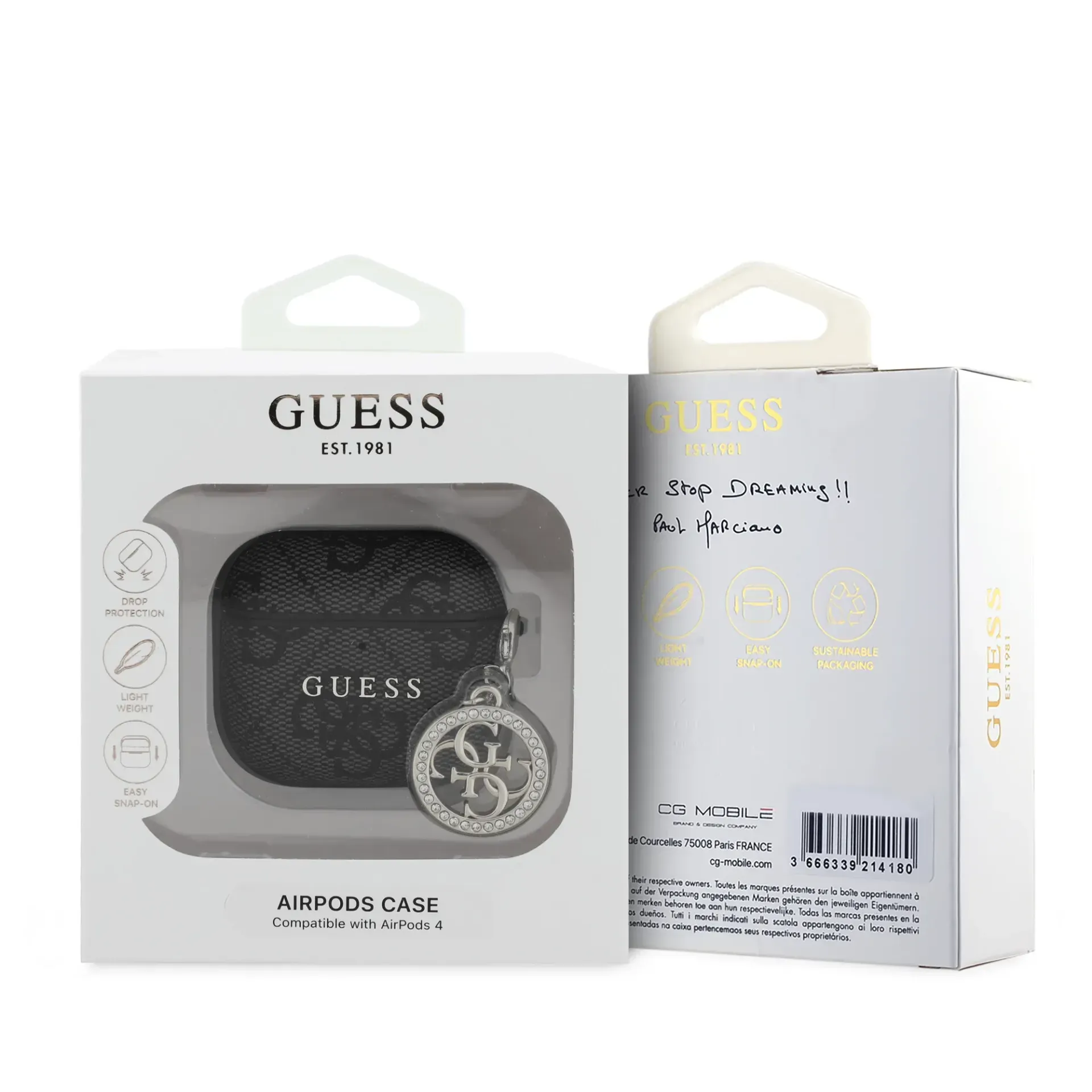 Funda Guess para Airpods con patrón de logo y charm. Caja escrita.
