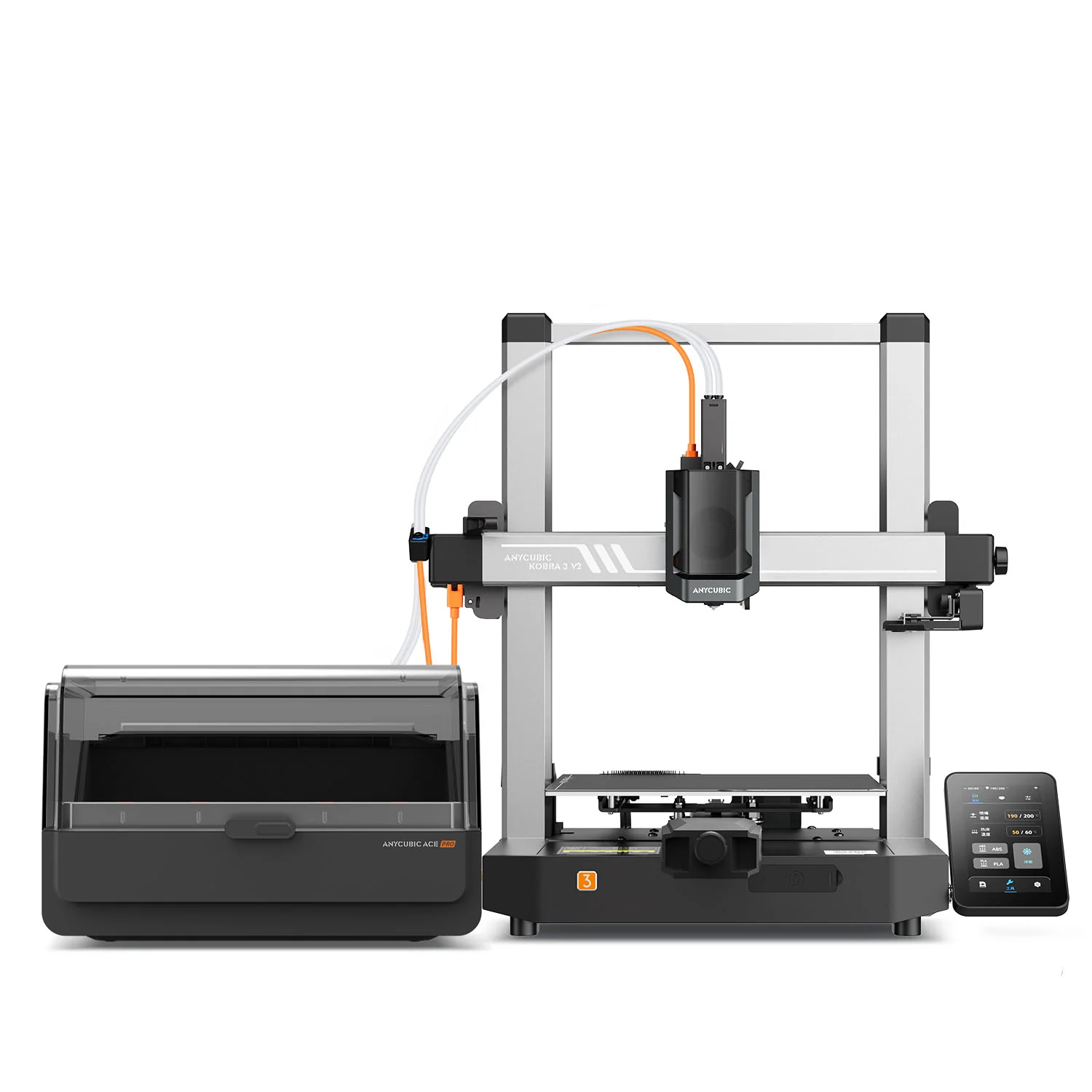 Ayrı malzeme haznesi ve dokunmatik ekranlı bir 3D yazıcı.