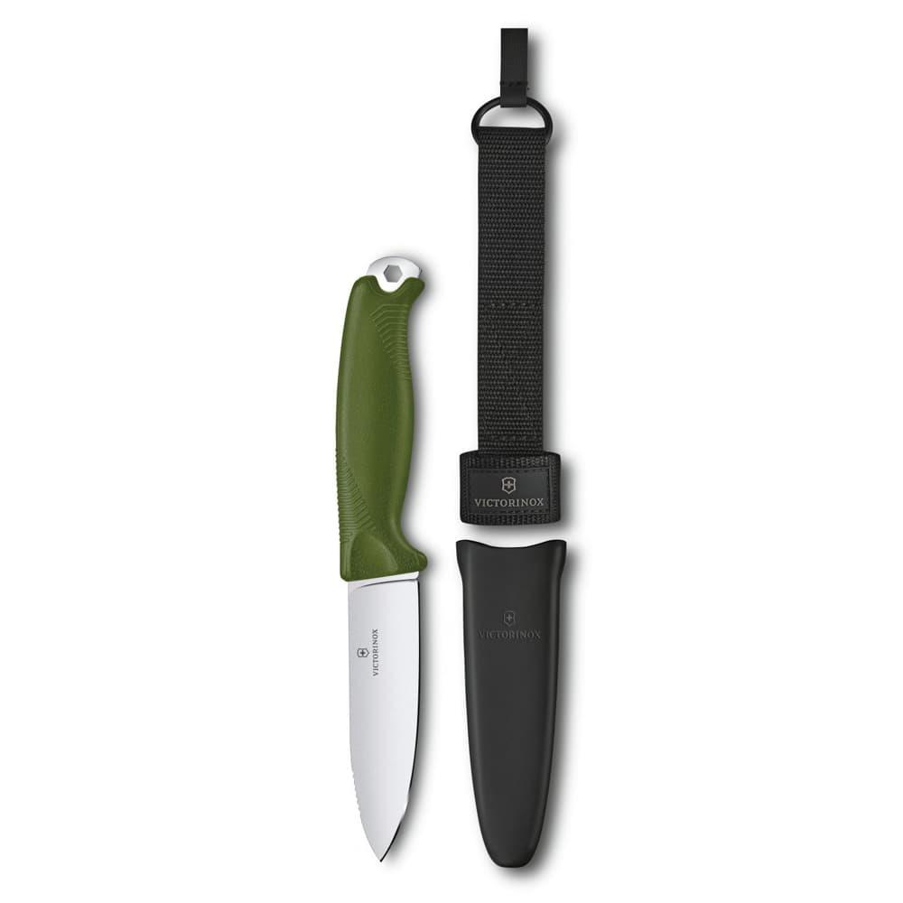Gümüş bıçaklı yeşil Victorinox bıçağı ve siyah kılıf.