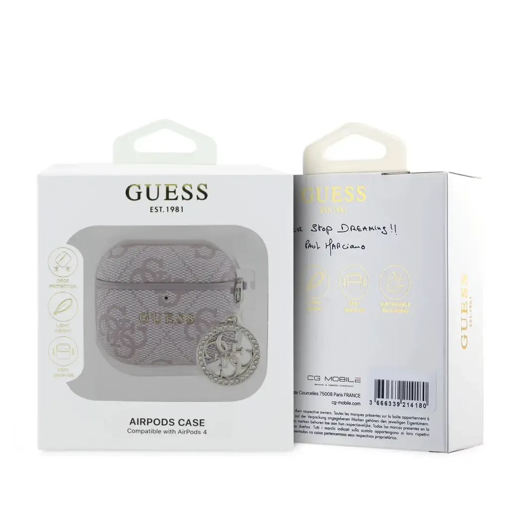 Funda gris para AirPods de Guess con estampado de logo y dije en caja blanca.