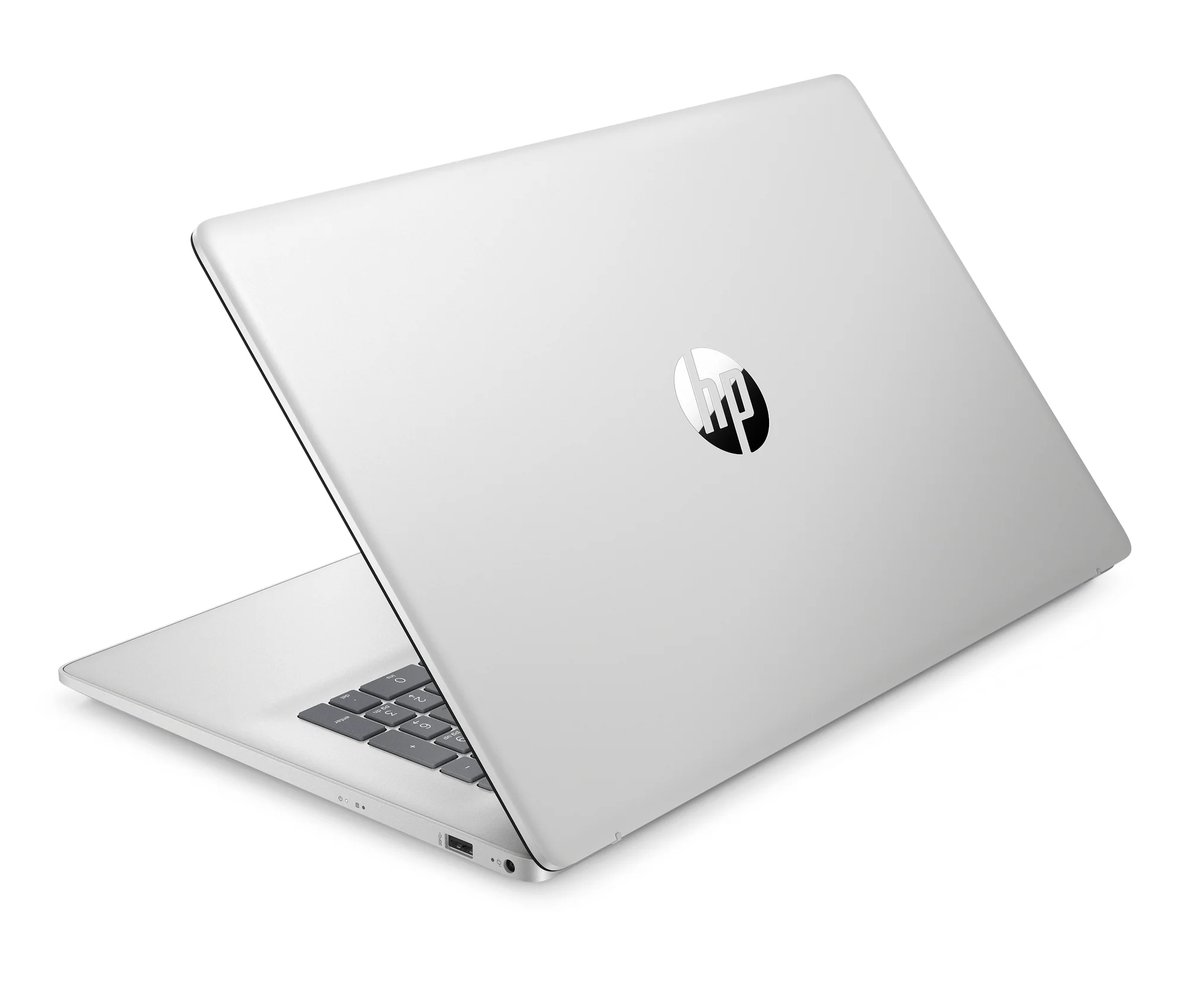 Srebrny laptop HP z podświetlanym logo na pokrywie, otwarty na białym tle.