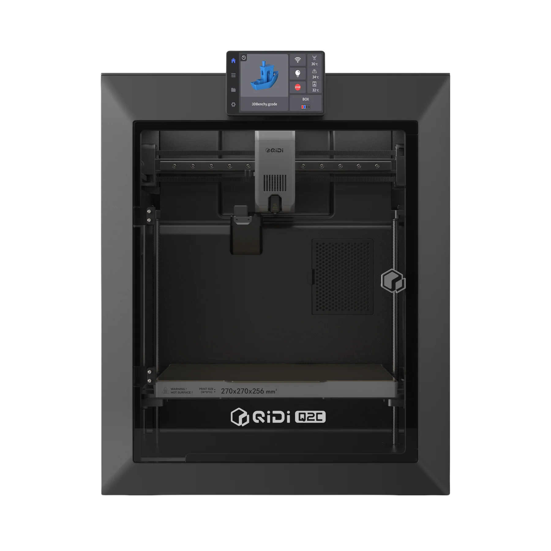 Mavi bir tekne 3D modelini gösteren dokunmatik ekranlı siyah bir 3D yazıcı.