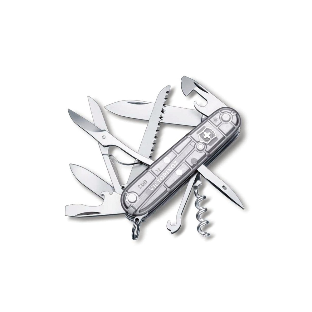 Gümüş Victorinox çakı, birçok aleti açık şekilde gösteriyor.