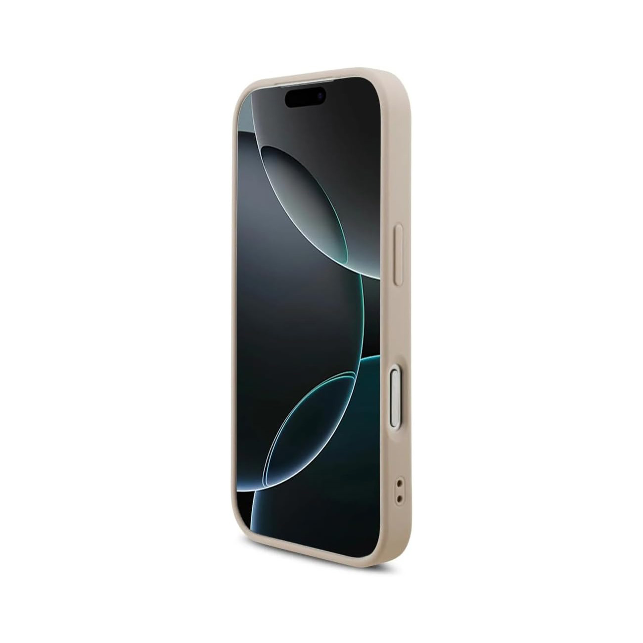 Un telefono marrone chiaro con schermo scuro che mostra cerchi blu.