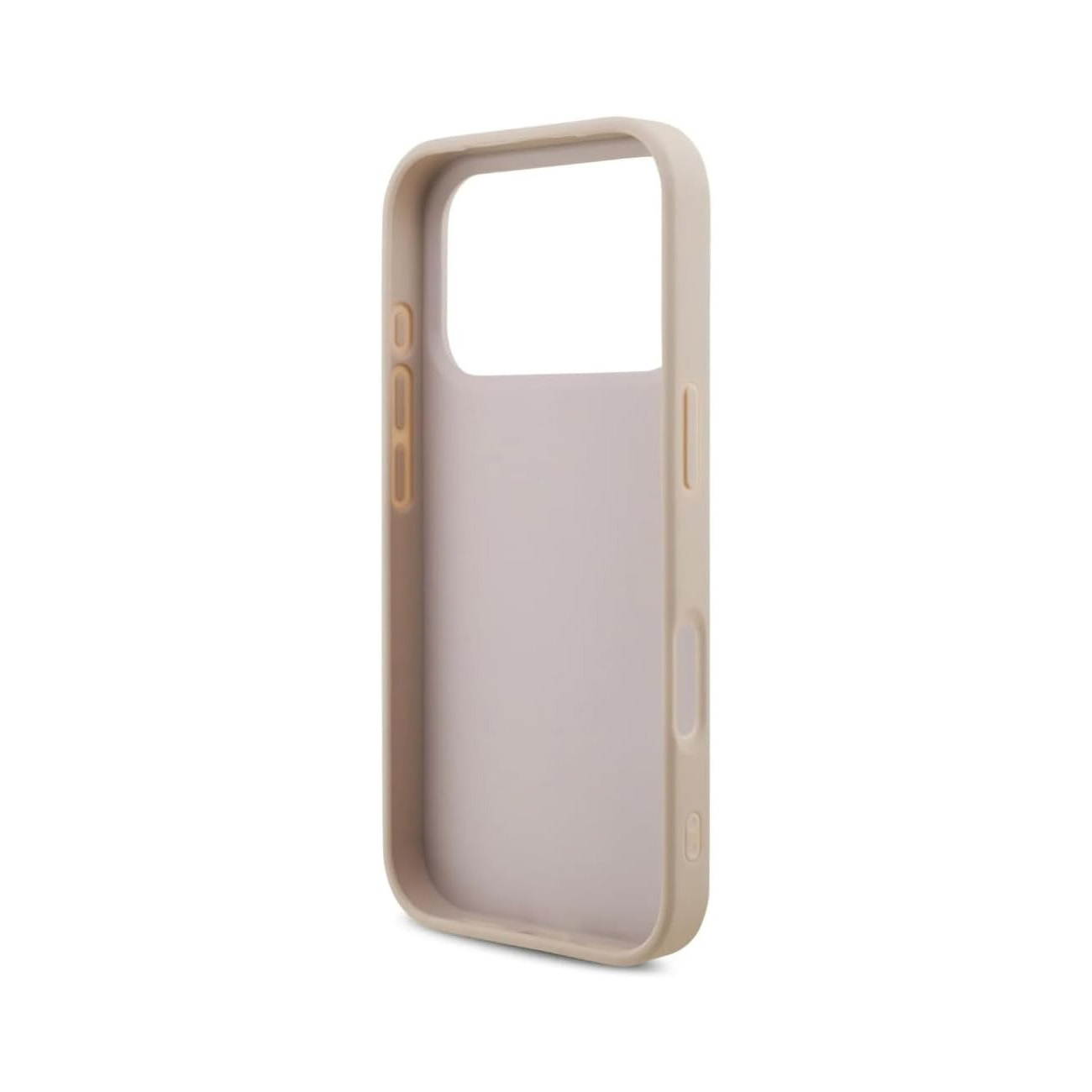 Una cover per telefono beige con ritaglio rettangolare per la fotocamera.