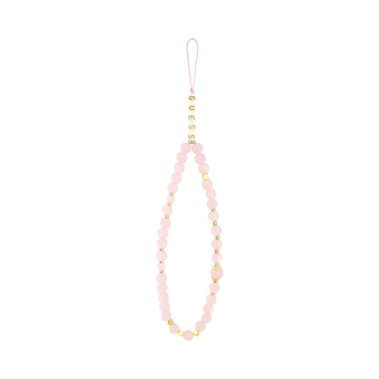 Una catena di perline rosa con accenti dorati e la parola GUESS.