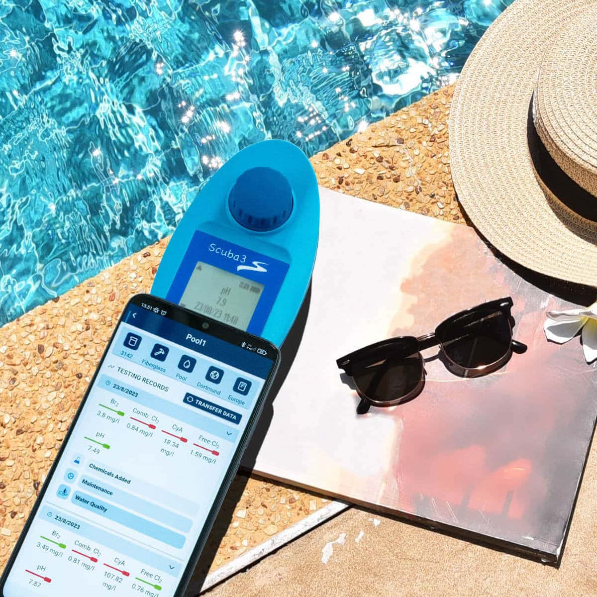 Un medidor de piscina azul descansa sobre un libro junto a gafas de sol y un sombrero.