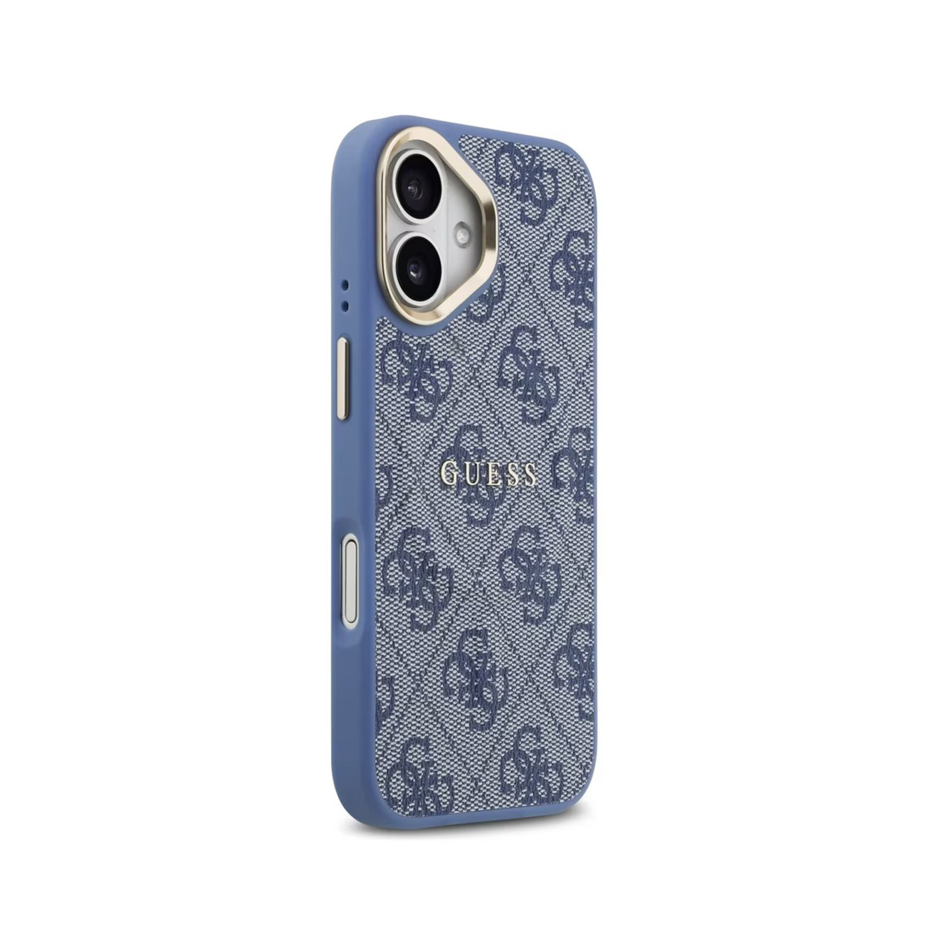 Funda de teléfono azul con patrón de logo GUESS y corte de cámara.
