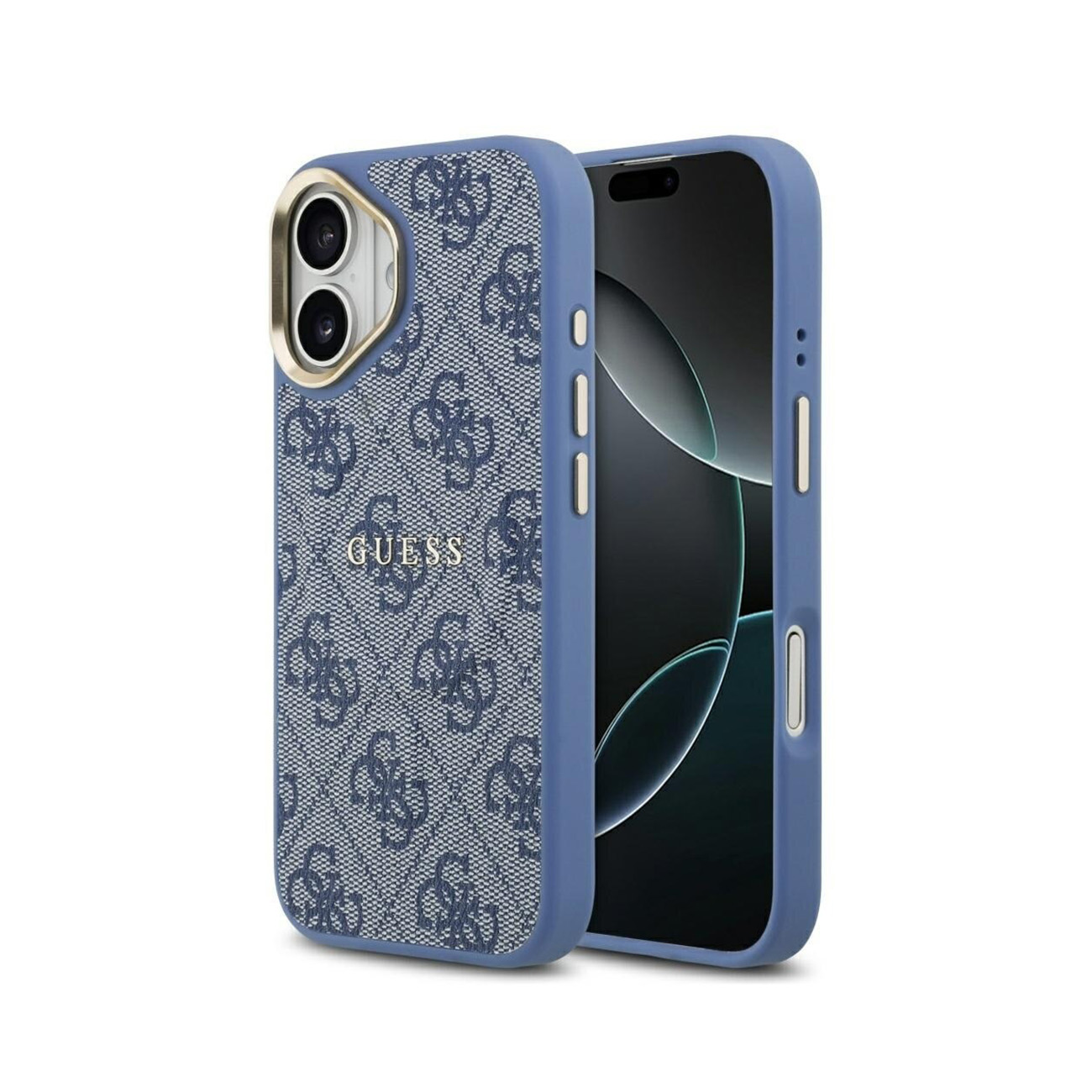 Funda azul para teléfono con patrón de logo Guess y borde dorado alrededor.