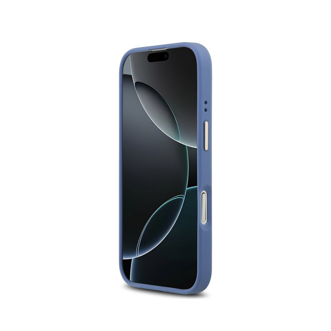 Una funda de teléfono azul con pantalla oscura y círculos.