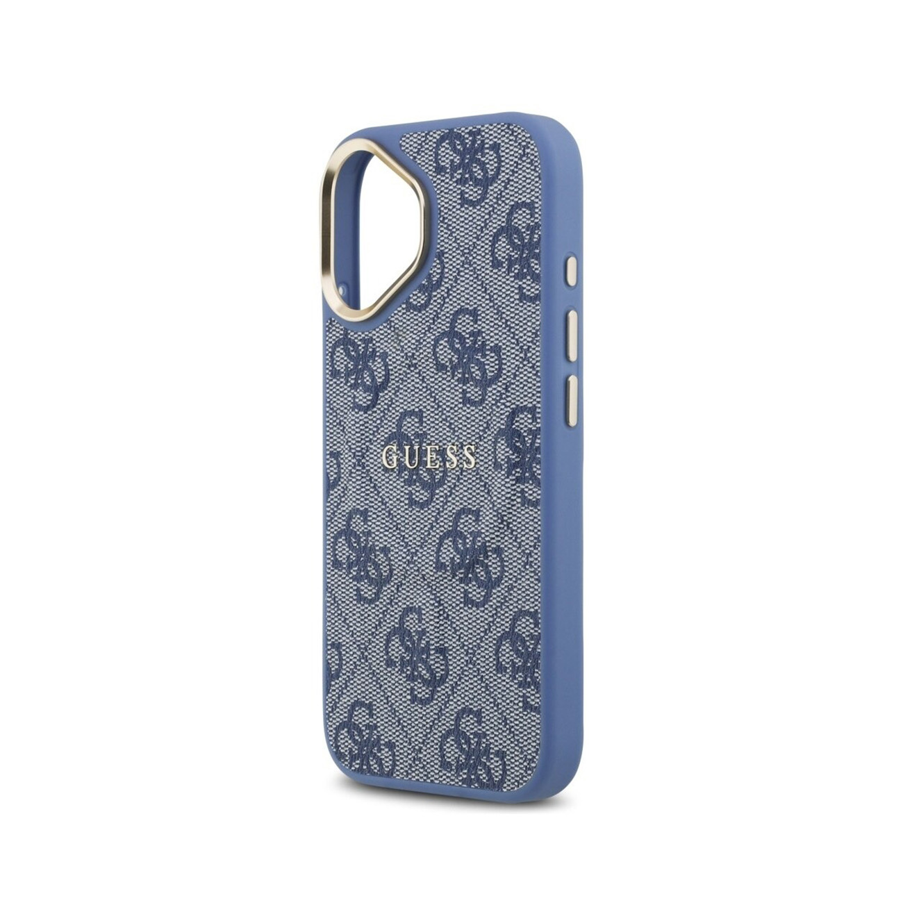 Una funda azul para teléfono con patrón de logo Guess y detalle dorado.