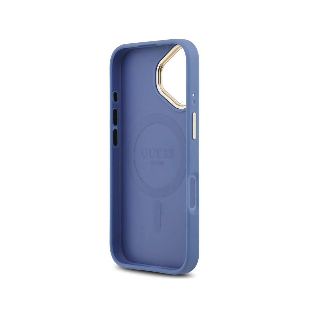 Una funda azul para teléfono con borde dorado y logo GUESS.