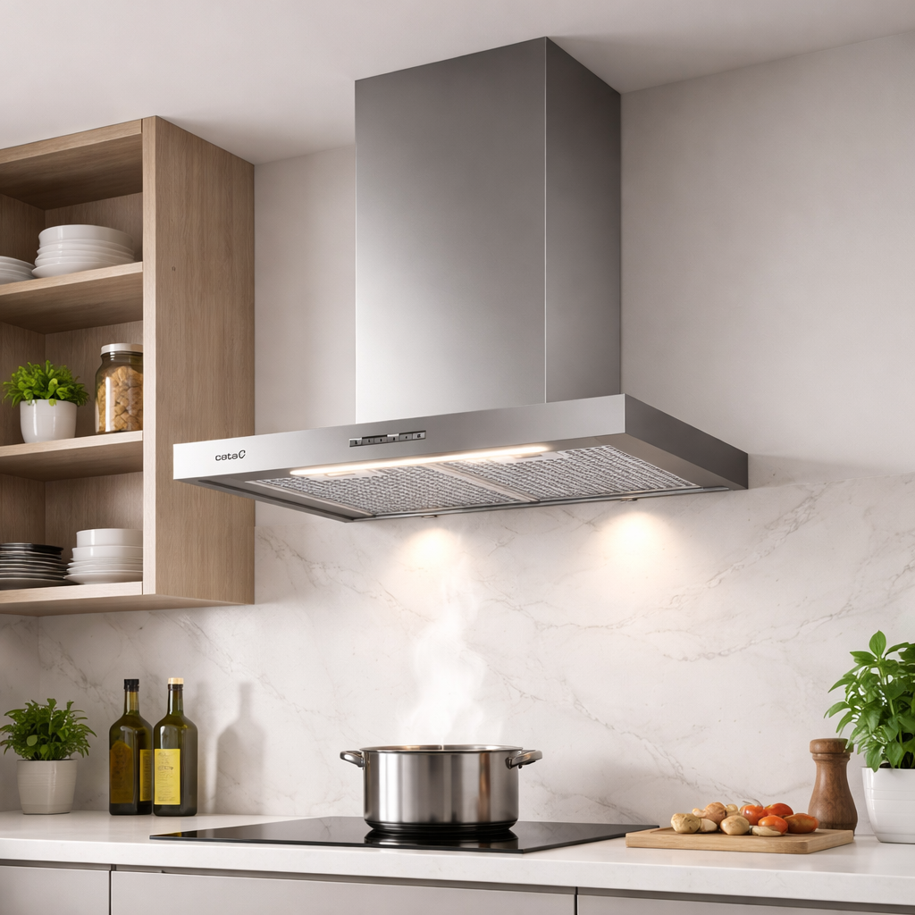 Una cappa aspirante in acciaio inox sopra una pentola su un piano cottura a induzione. Bancone da cucina con bottiglie d'olio.