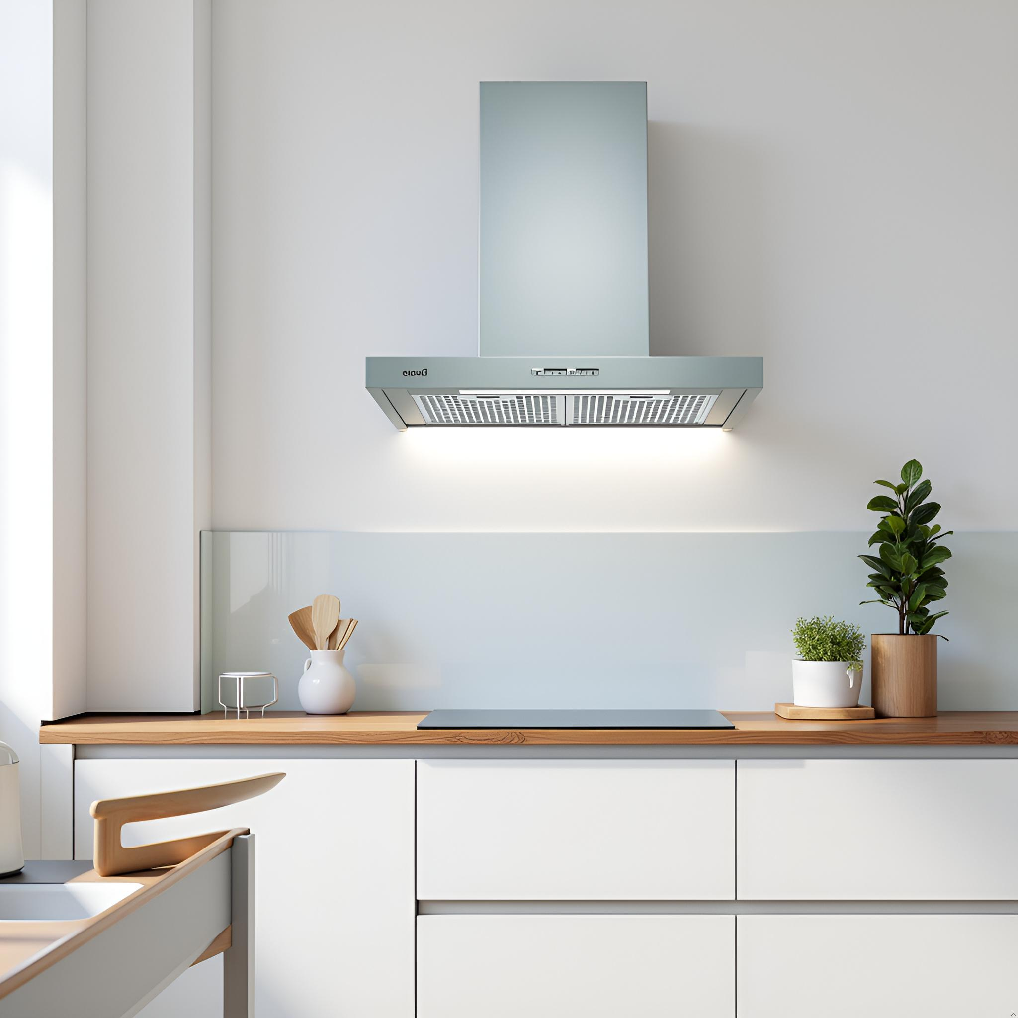 Cucina moderna con cappa, piano cottura e piante.