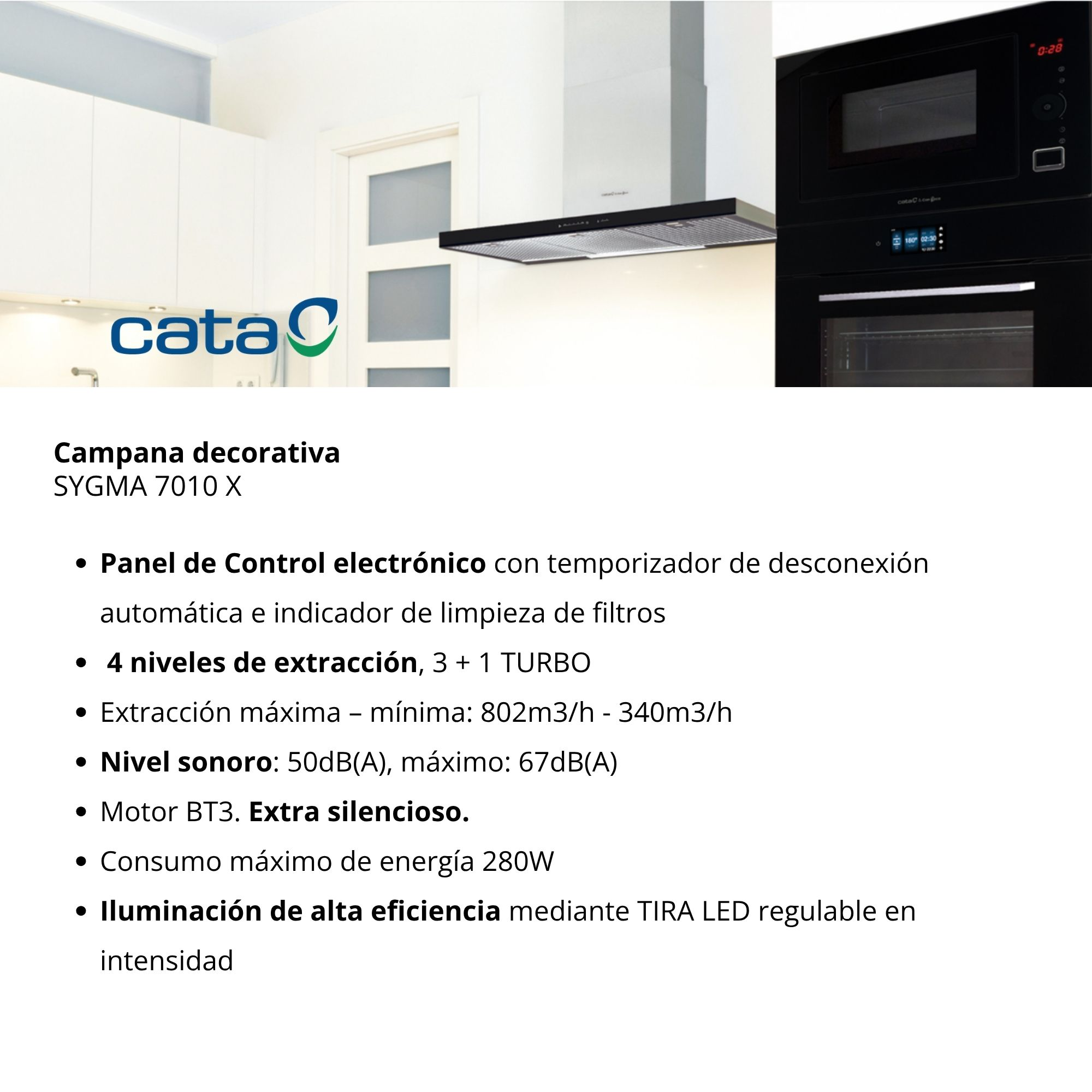 Cucina moderna con cappa, microonde e logo Cata.