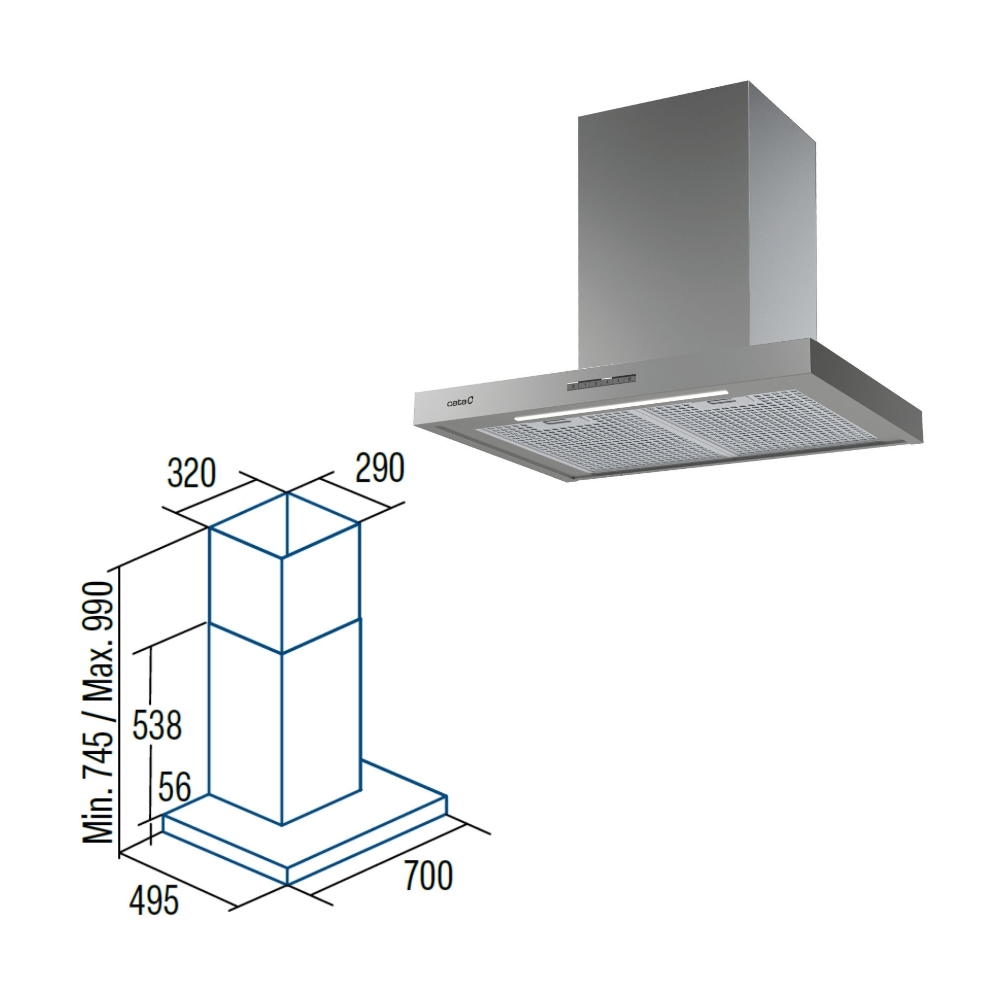 Cappa in acciaio inox con pannello comandi e griglia di ventilazione. Disegno tecnico accanto.