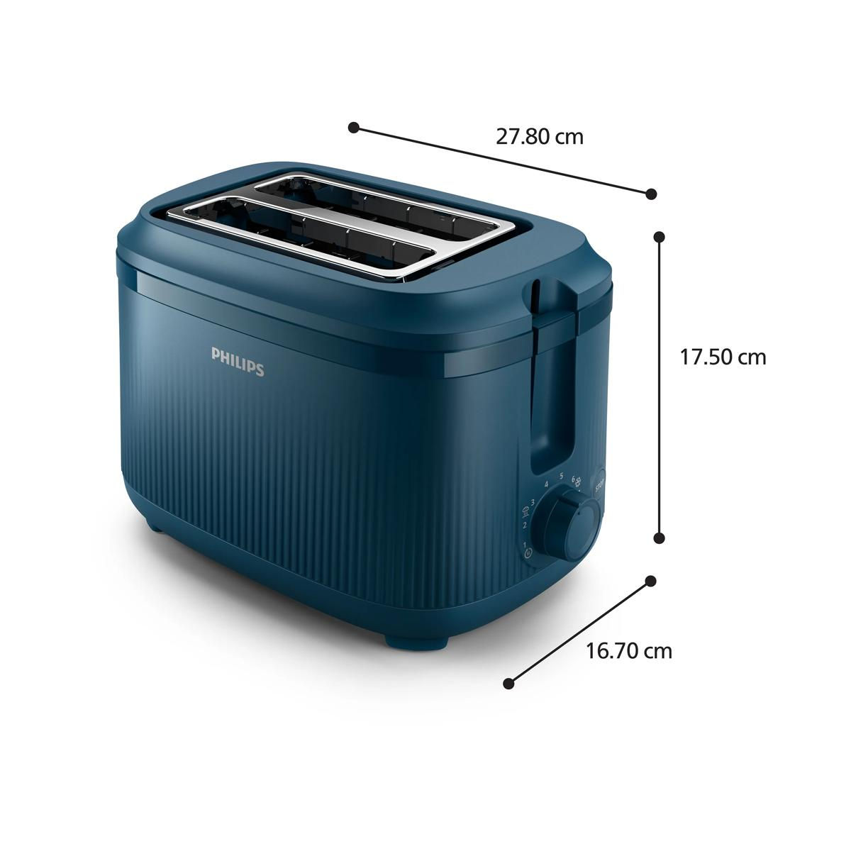 Niebieski toster Philips z prążkowaną fakturą i liniami wymiarowymi: 27,80 cm, 17,50 cm, 16,70 cm.