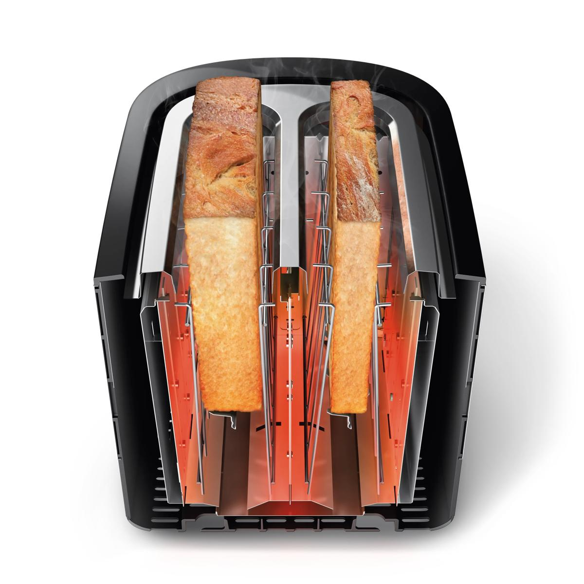 Un tostapane con due fette di pane in fase di tostatura, con vapore che sale.