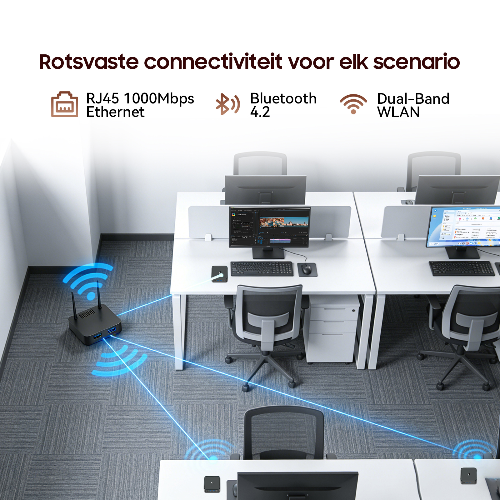 Kantoorruimte met bureaus, computers en een router die draadloze verbindingen toont.