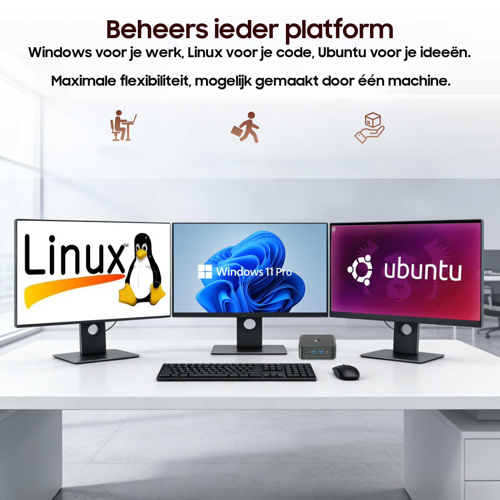 Drie monitoren tonen Linux, Windows 11 Pro en Ubuntu, met een pc.