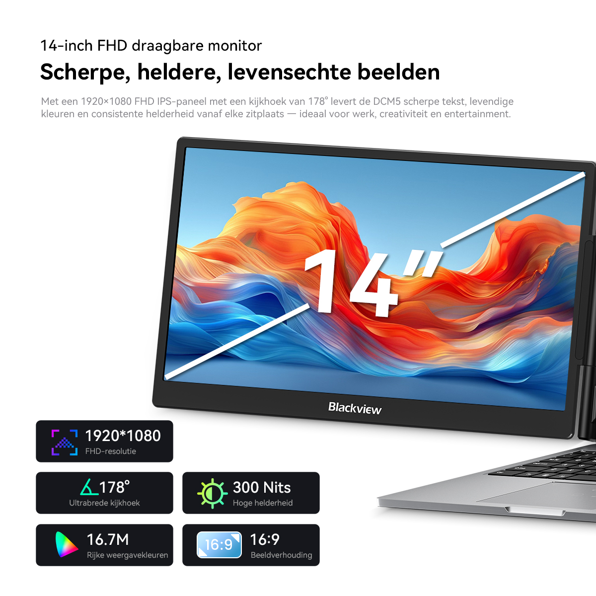 14-inch FHD draagbare monitor met levendige kleuren en 178° kijkhoek.