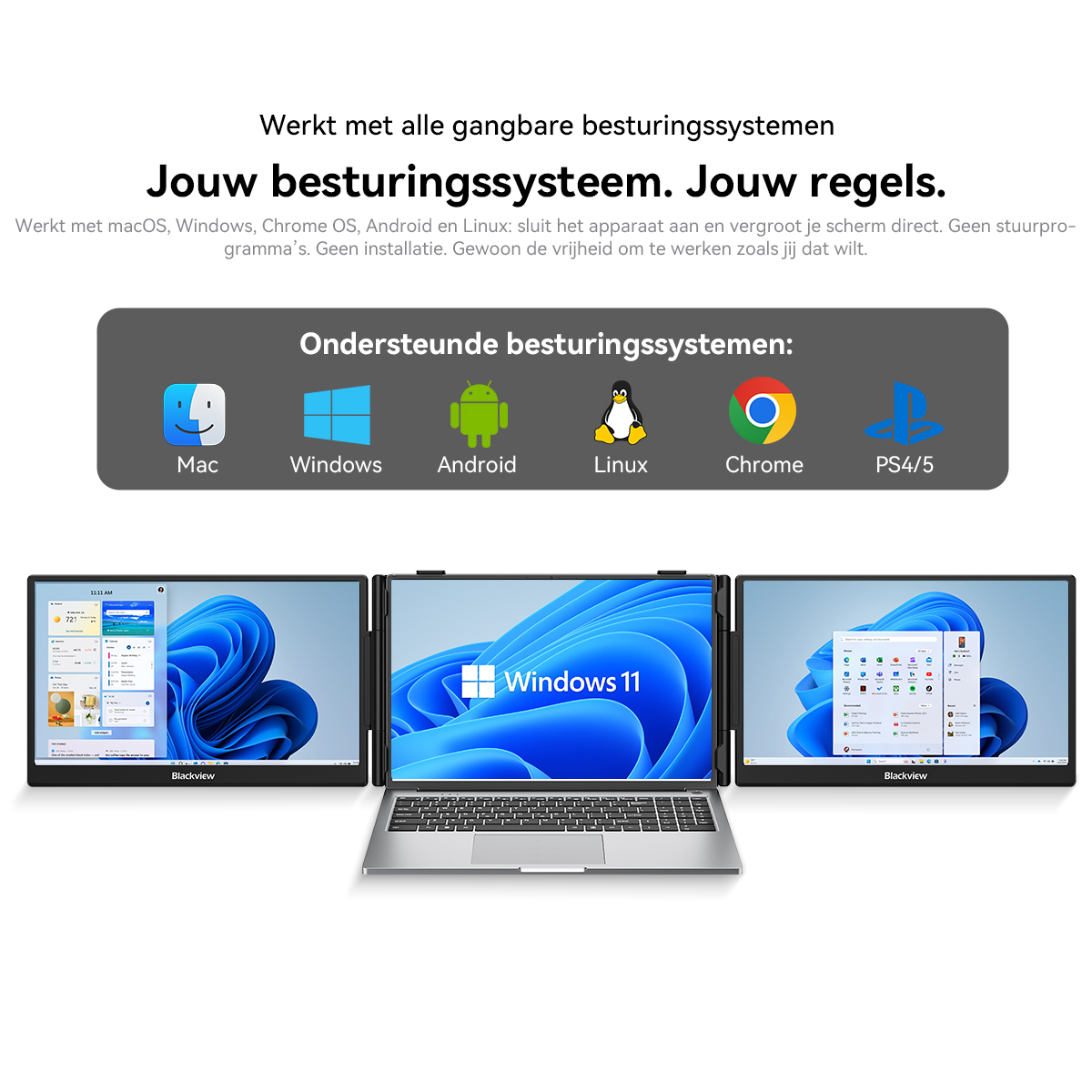 Een laptop met twee externe schermen met diverse besturingssysteemiconen. Compatibel met Mac, Windows, Android, Linux.