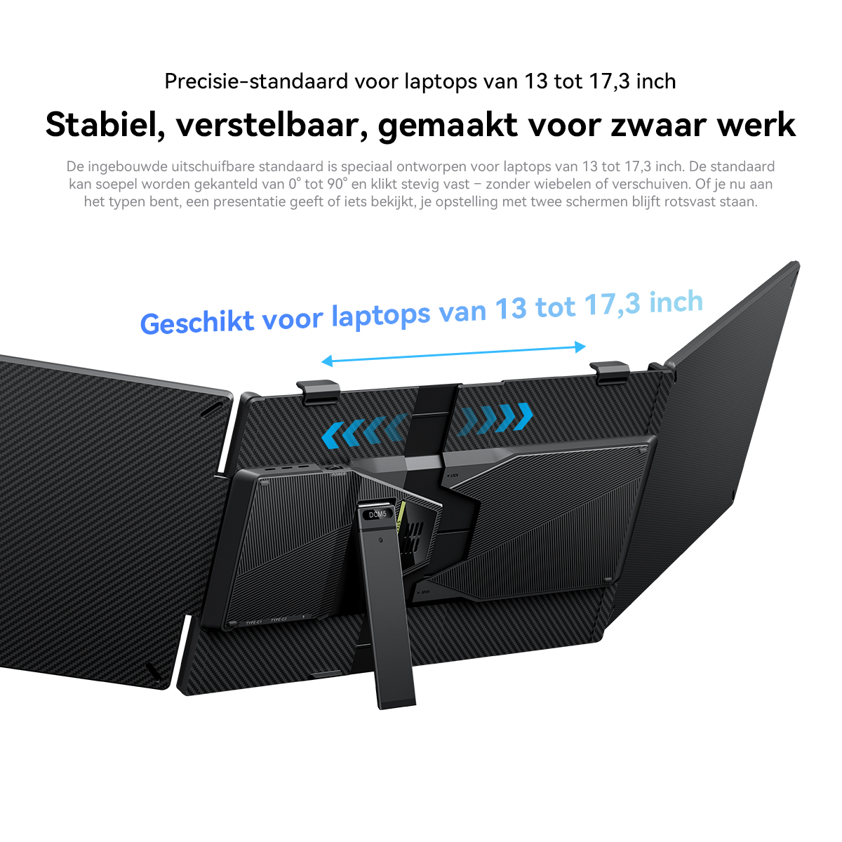 Achterkant van een laptopstandaard met twee uitklapbare schermen en poorten.